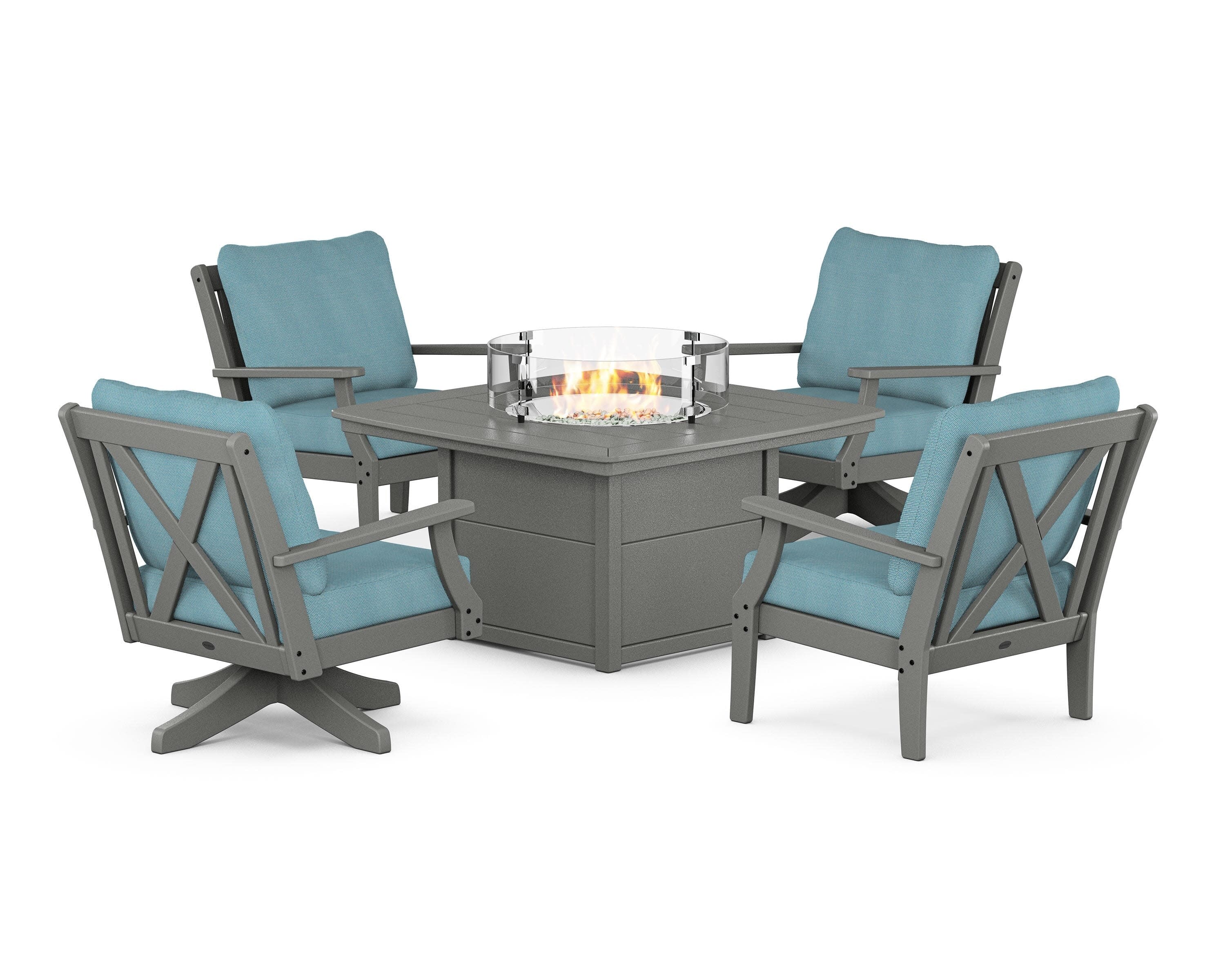 Braxton 5-Piece Deep Seating Set with Fire Table in Slate Grey / Lattice Sky Blue