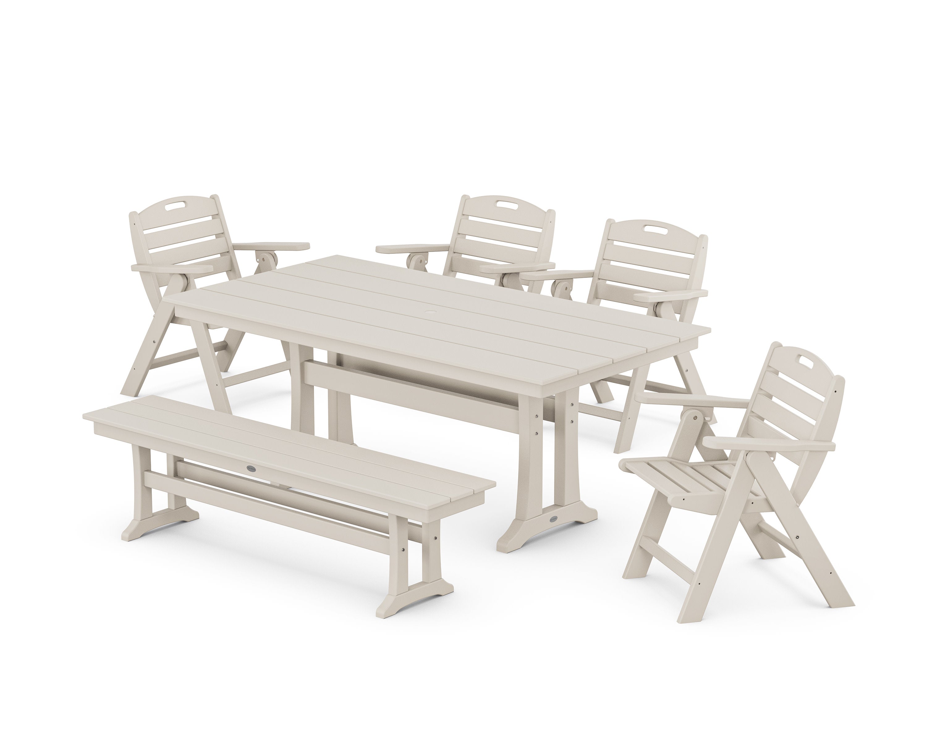 Nautical Lowback 6-Piece Farmhouse Dining Set with Trestle Legs and Bench in Sand