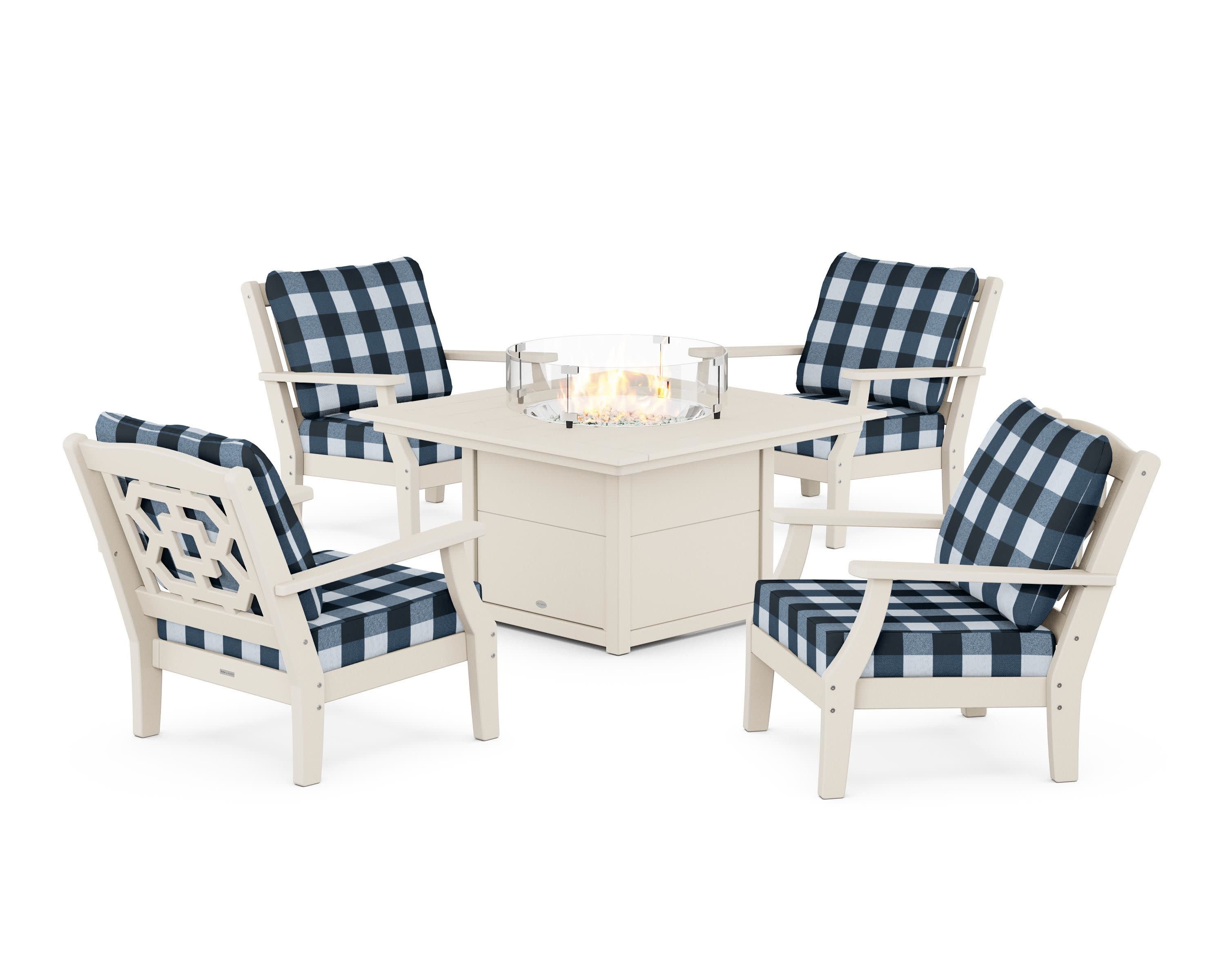 Chinoiserie 5-Piece Deep Seating Set with Fire Pit Table in Sand / Buffalo Plaid Marine Indigo