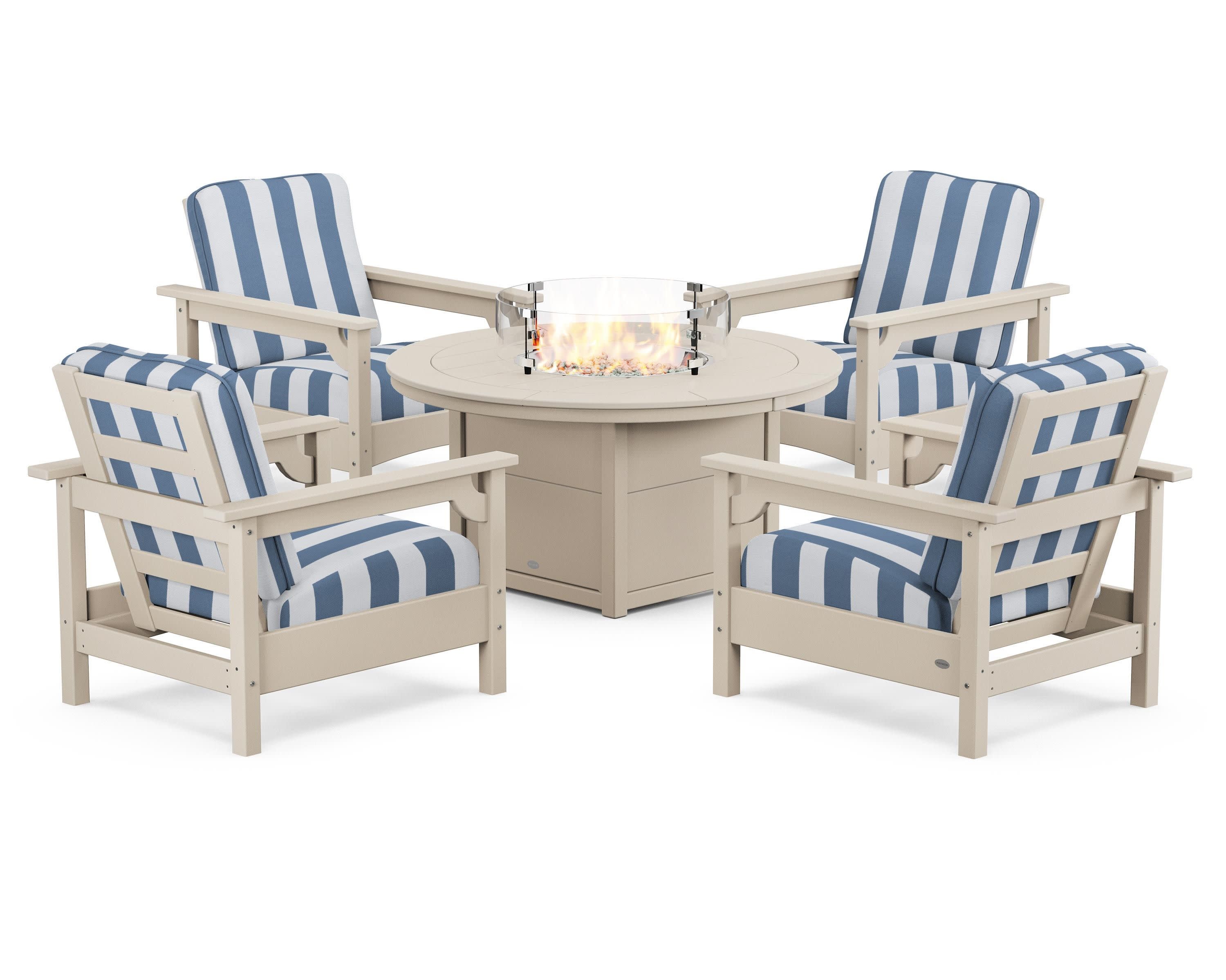 Club 5-Piece Conversation Set with Fire Pit Table in Sand / Cabana Stripe Sky Blue