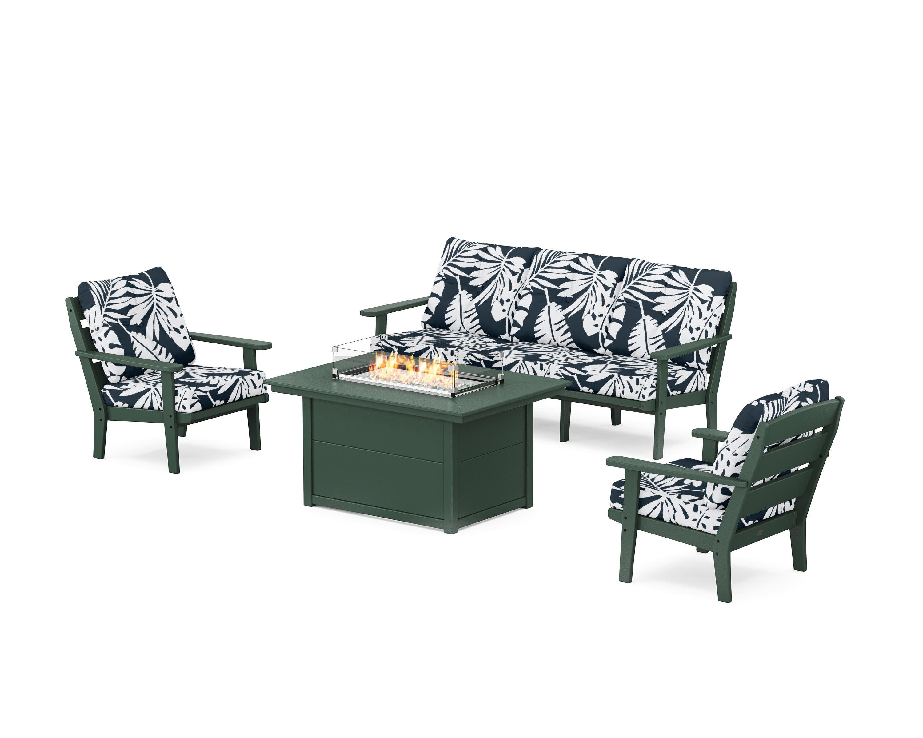 Lakeside Deep Seating Fire Pit Table Set in Green / Leaf Marine Indigo