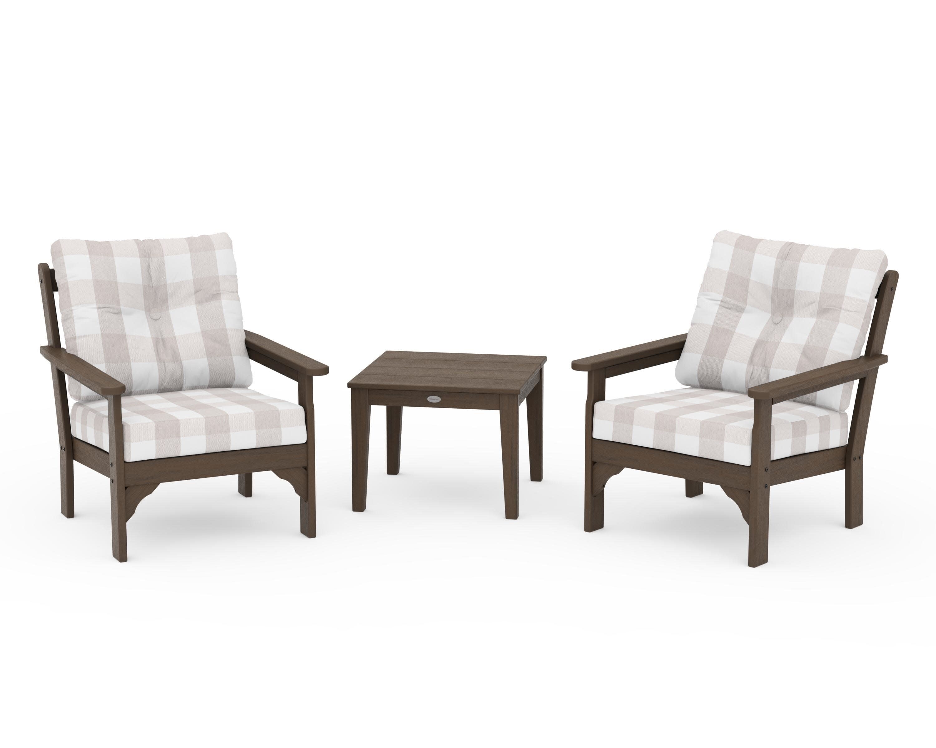 Vineyard 3-Piece Deep Seating Set in Kona / Buffalo Plaid Dune Burlap