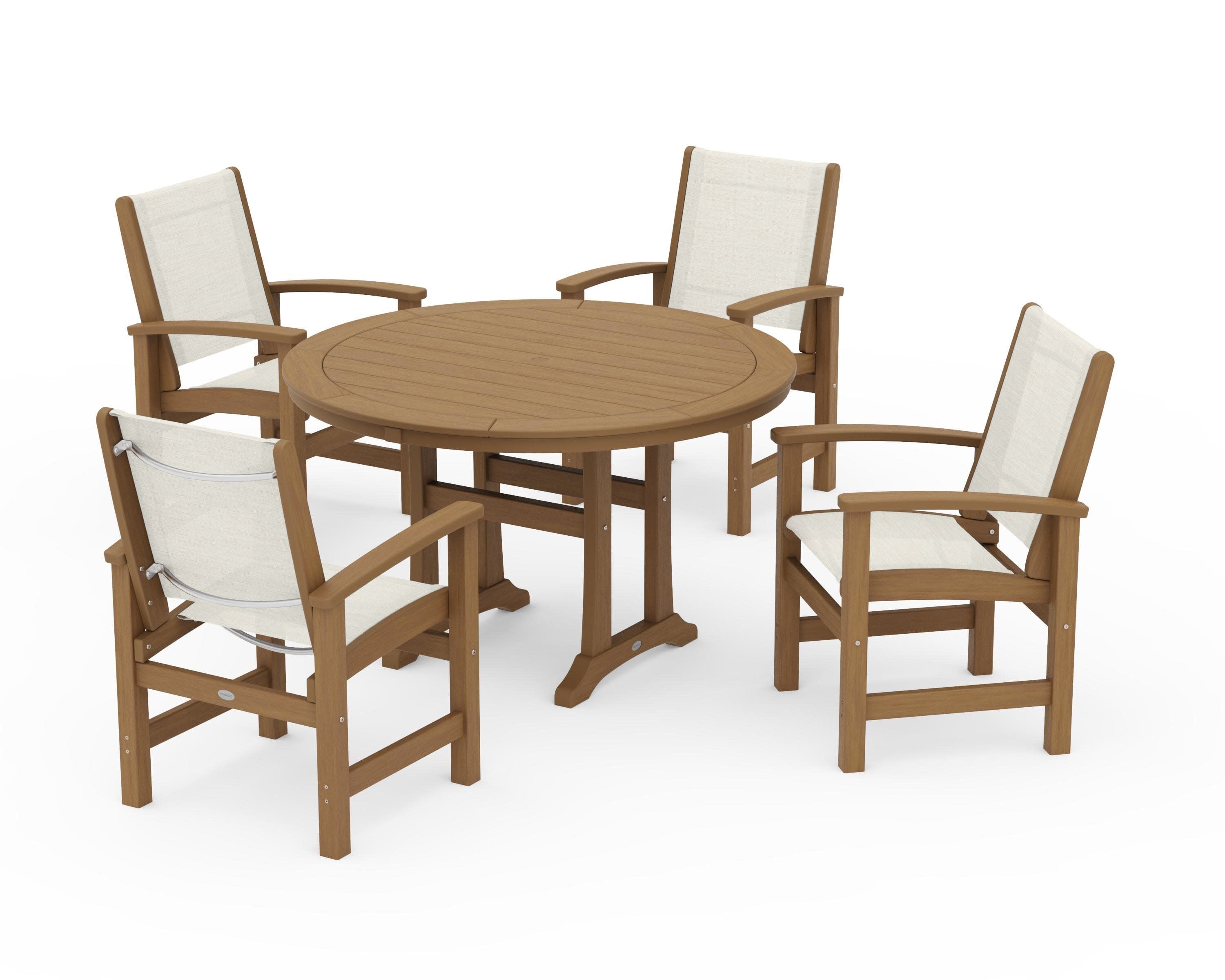 Coastal 5-Piece Round Dining Set with Trestle Legs in Natural / Parchment Sling