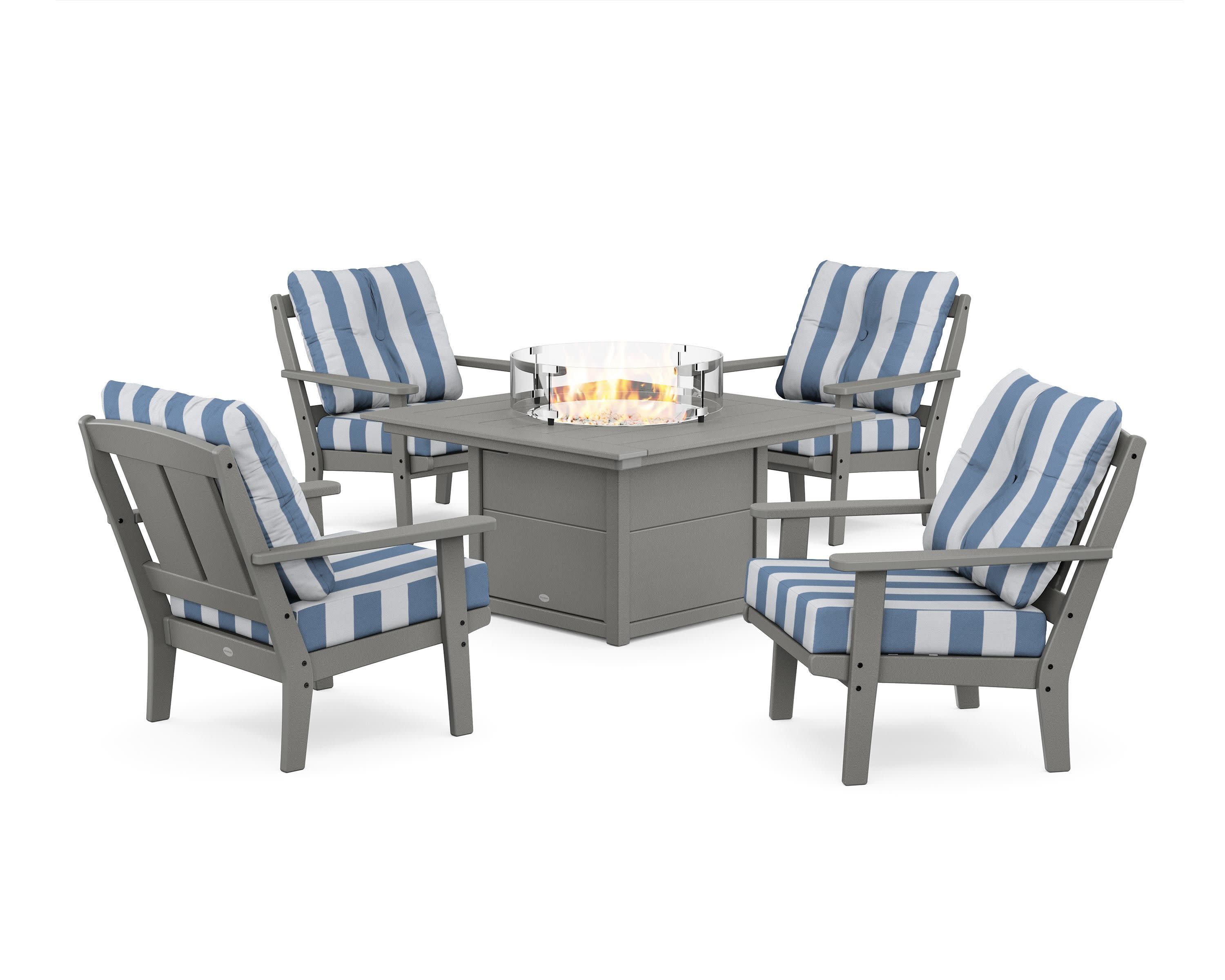 Mission 5-Piece Deep Seating Set with Fire Pit Table in Slate Grey / Cabana Stripe Sky Blue