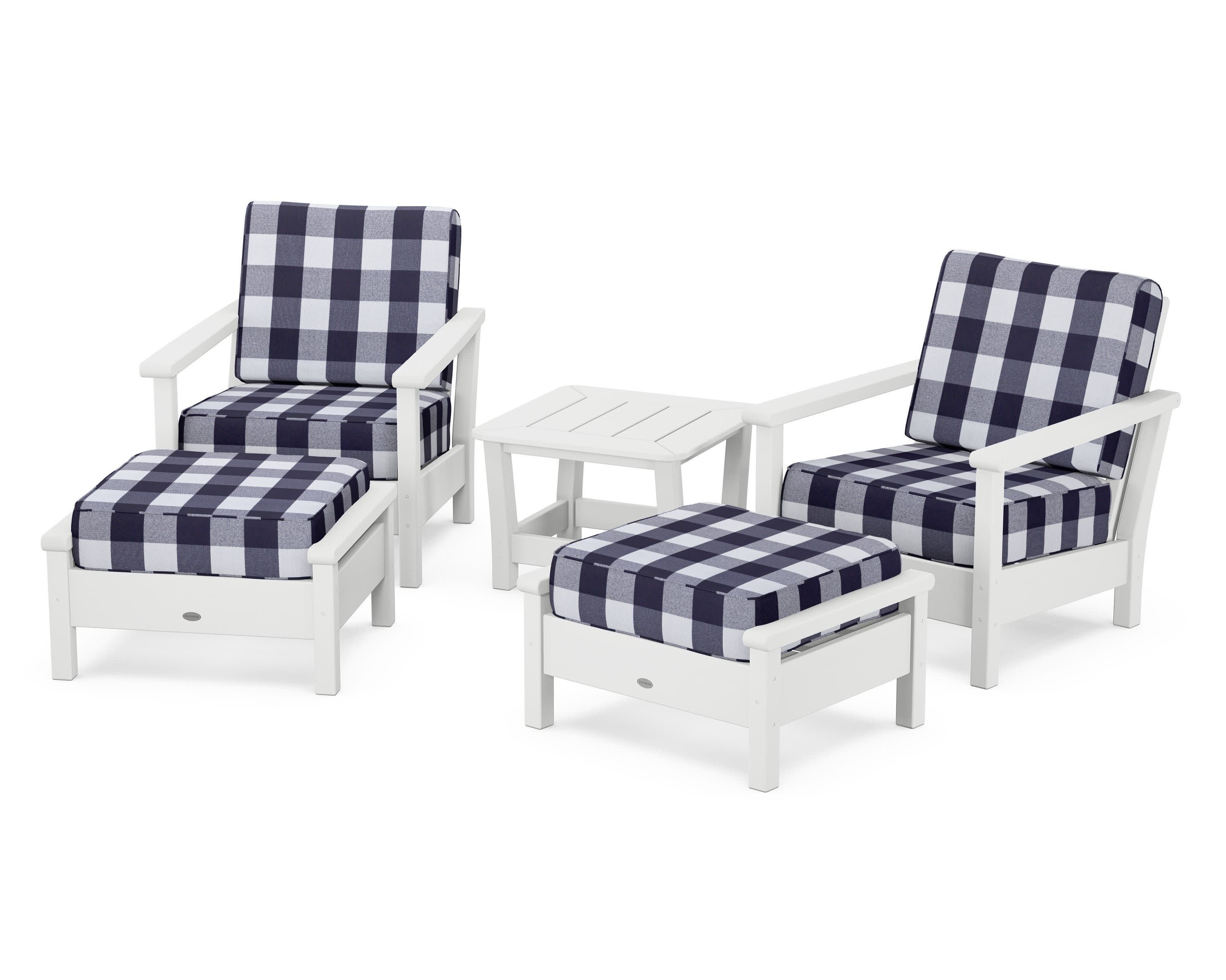 Harbour 5-Piece Deep Seating Chair Set in White / Buffalo Plaid Navy