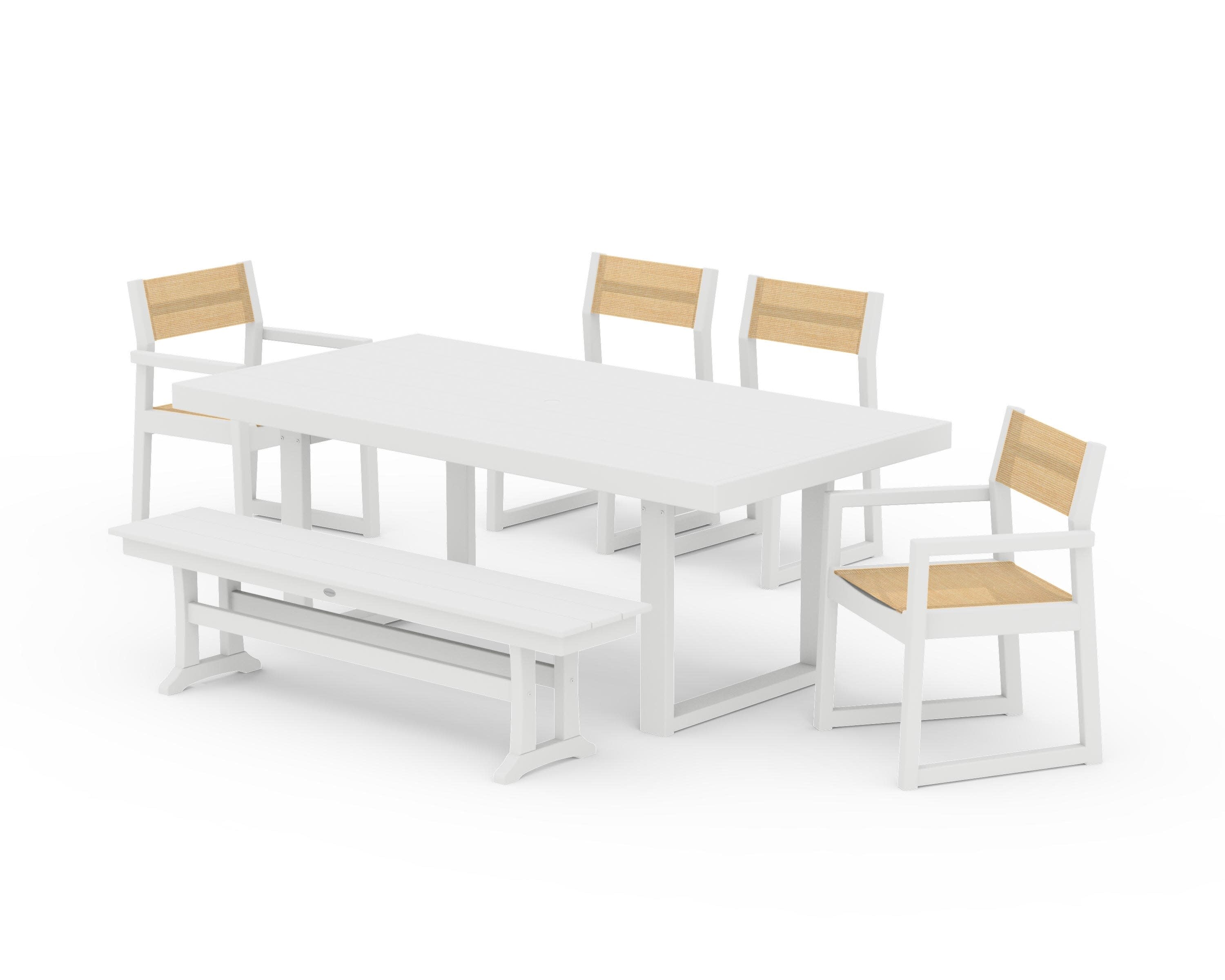EDGE Sling 6-Piece Dining Set with Bench in White / Dupioni Apricot Sling