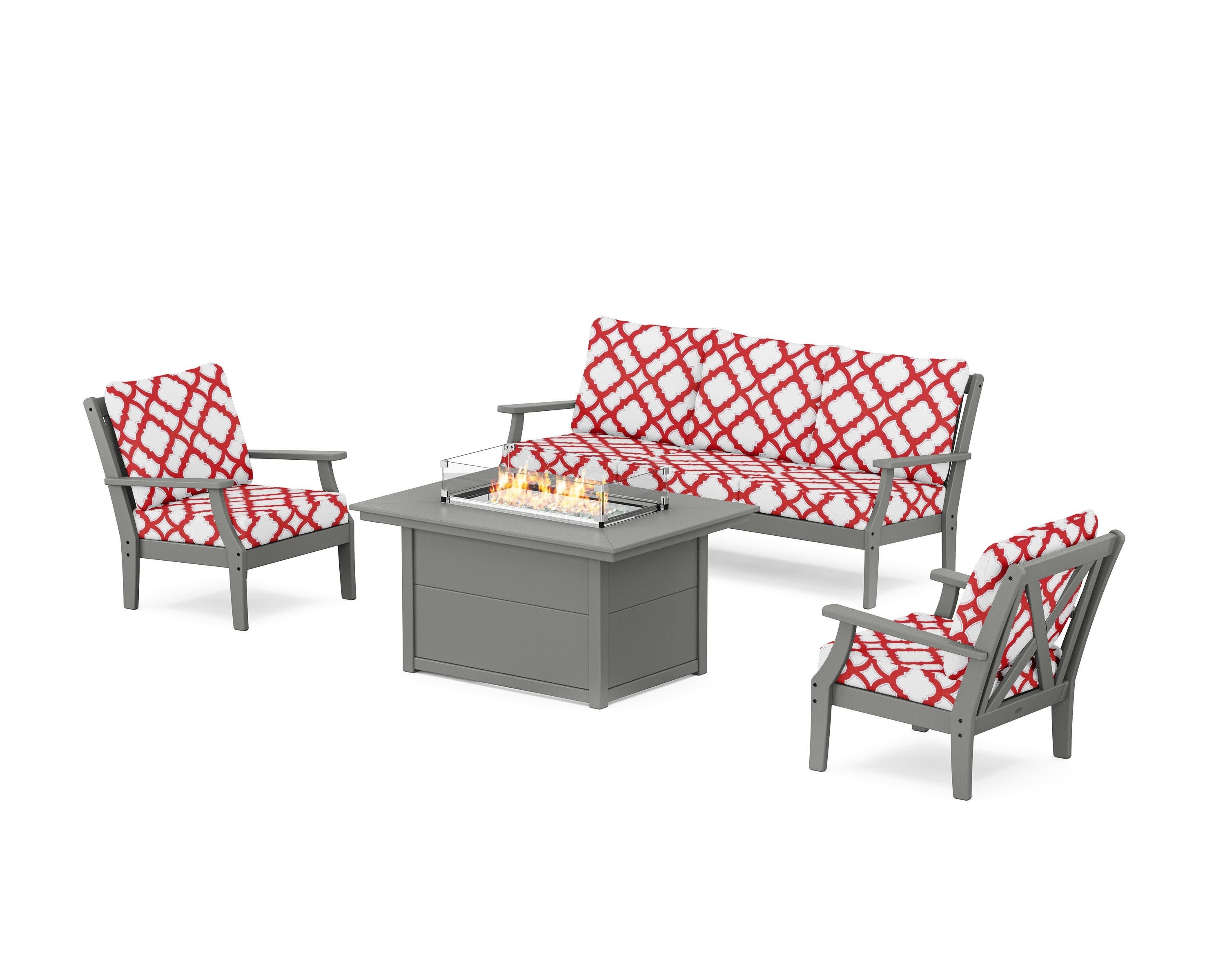 Braxton Deep Seating Fire Pit Table Set in Slate Grey / Trellis Crimson