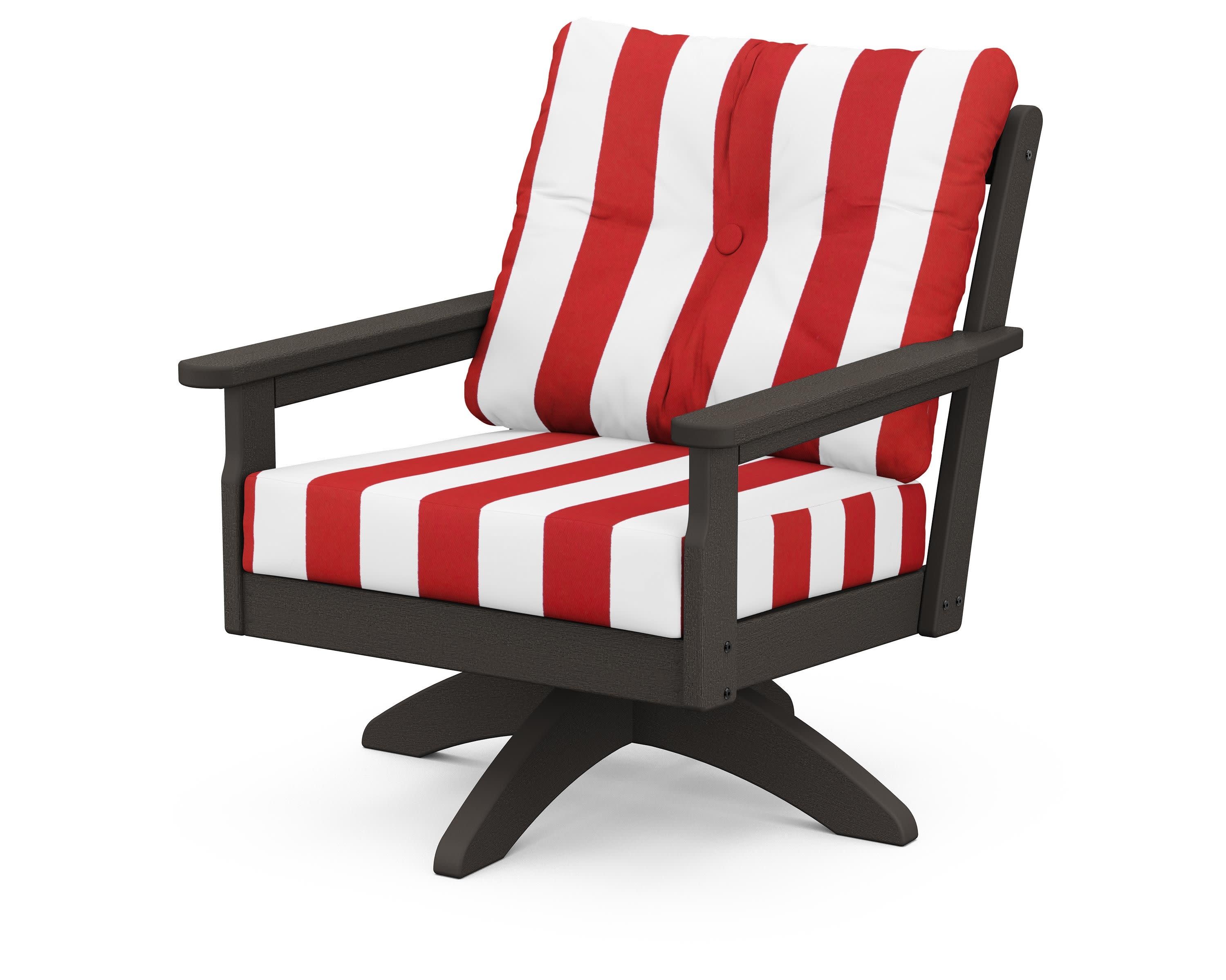 Vineyard Deep Seating Swivel Chair in Vintage Coffee / Cabana Stripe Crimson