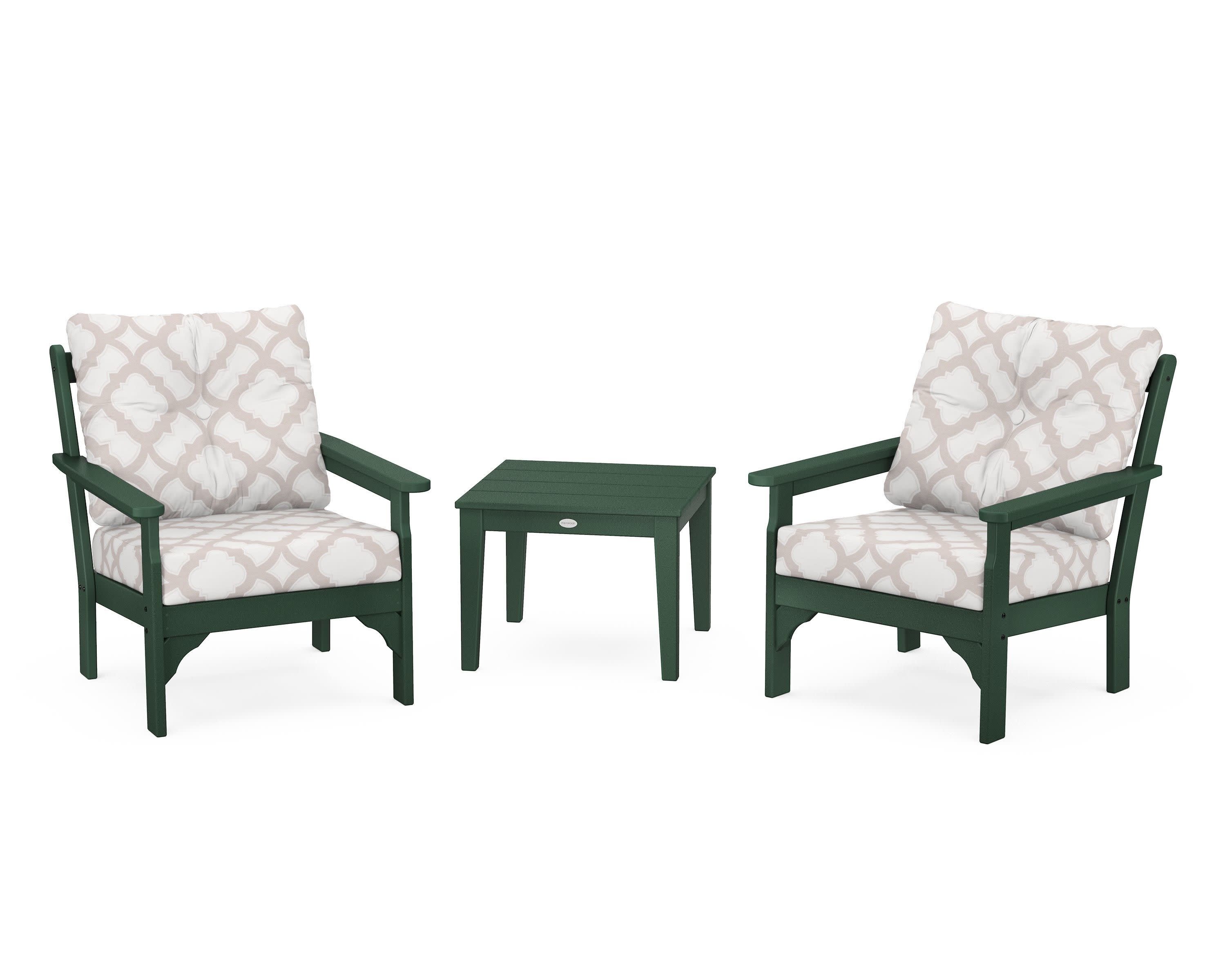 Vineyard 3-Piece Deep Seating Set in Green / Trellis Dune Burlap