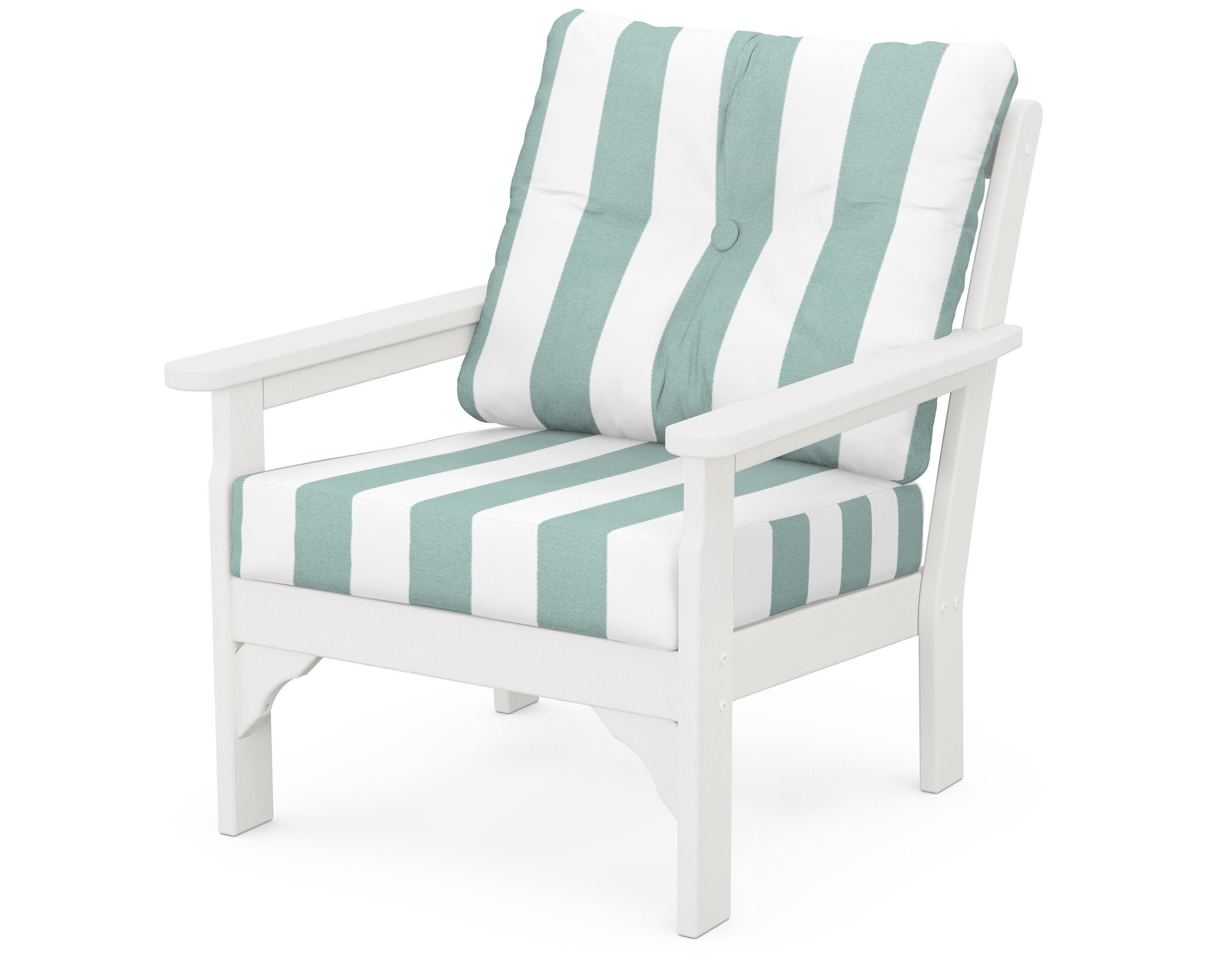 Vineyard Deep Seating Chair in Vintage White / Cabana Stripe Glacier Spa