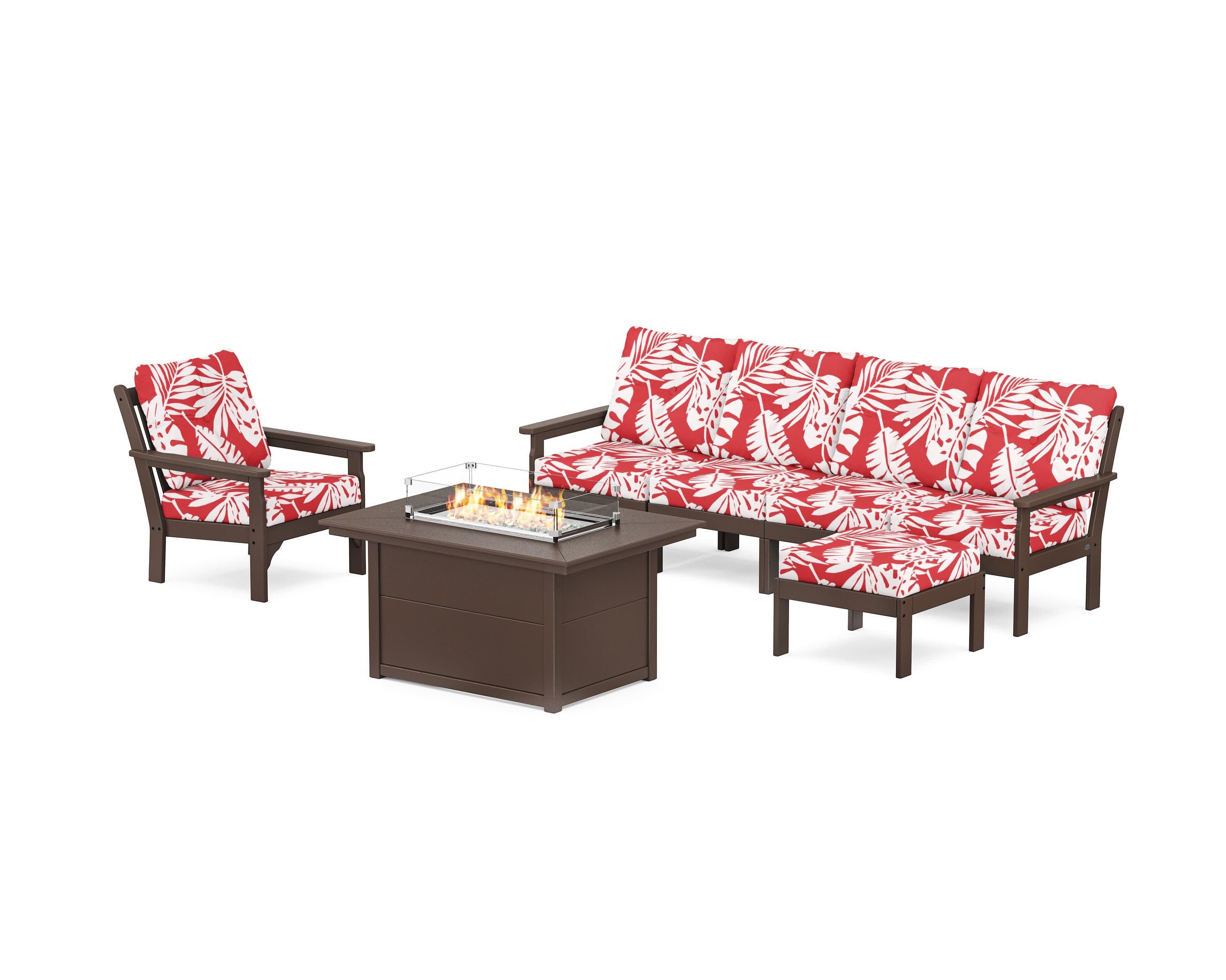 Vineyard Sectional Lounge and Fire Pit Set in Mahogany / Leaf Crimson