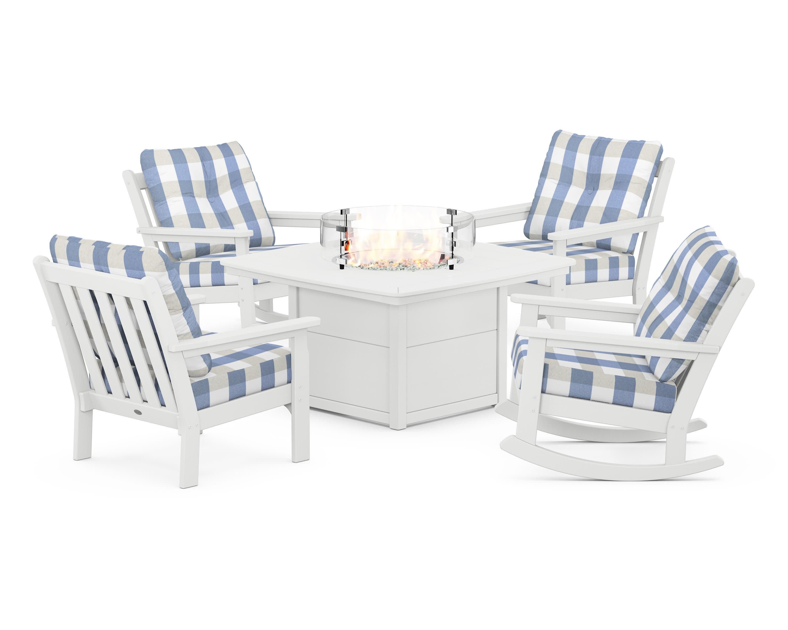 Vineyard 5-Piece Deep Seating Rocking Chair Conversation Set with Fire Pit Table in White / Buffalo Plaid Sky Blue