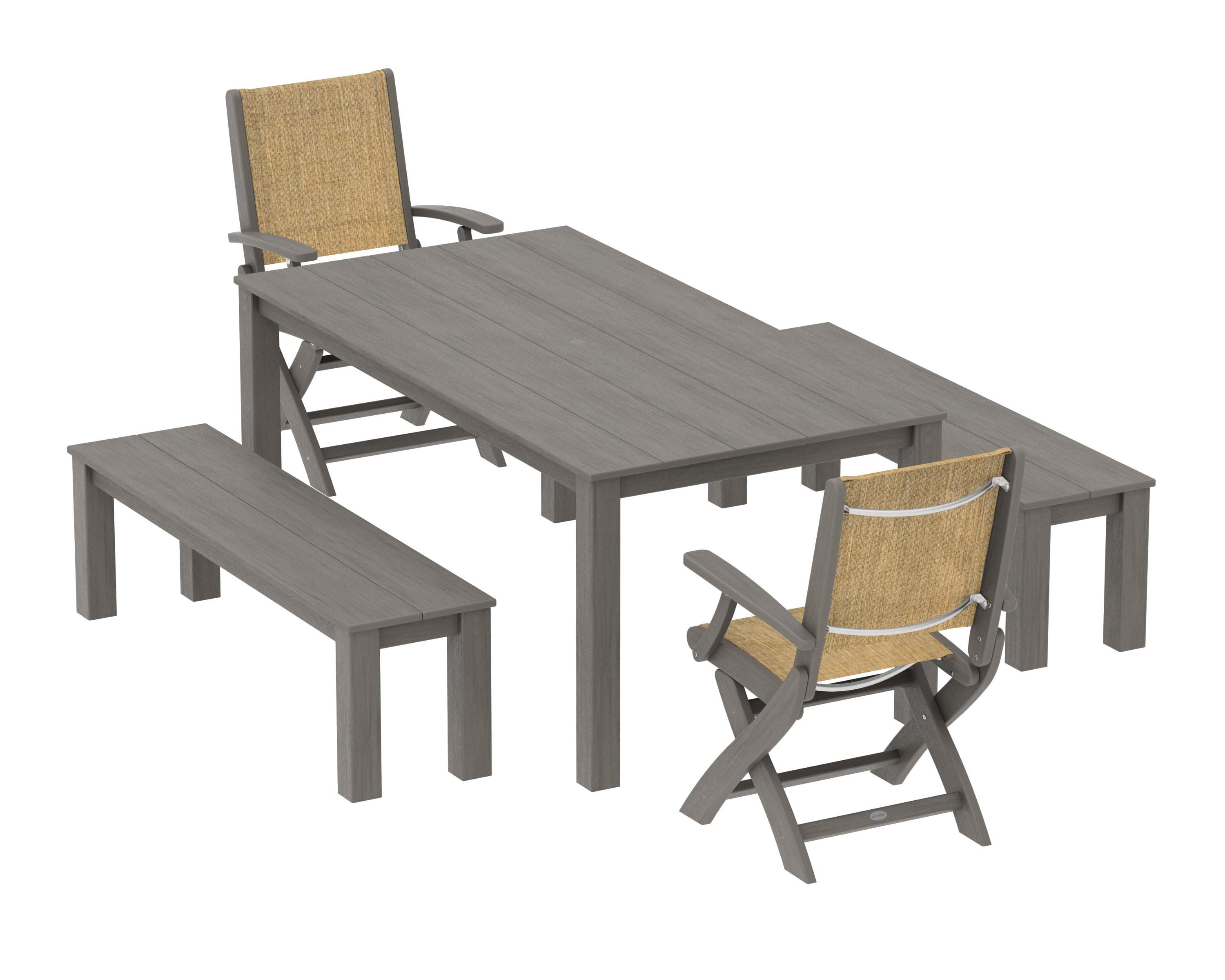 Coastal Folding Chair 5-Piece Parsons Dining Set with Benches in Driftwood / Burlap Sling