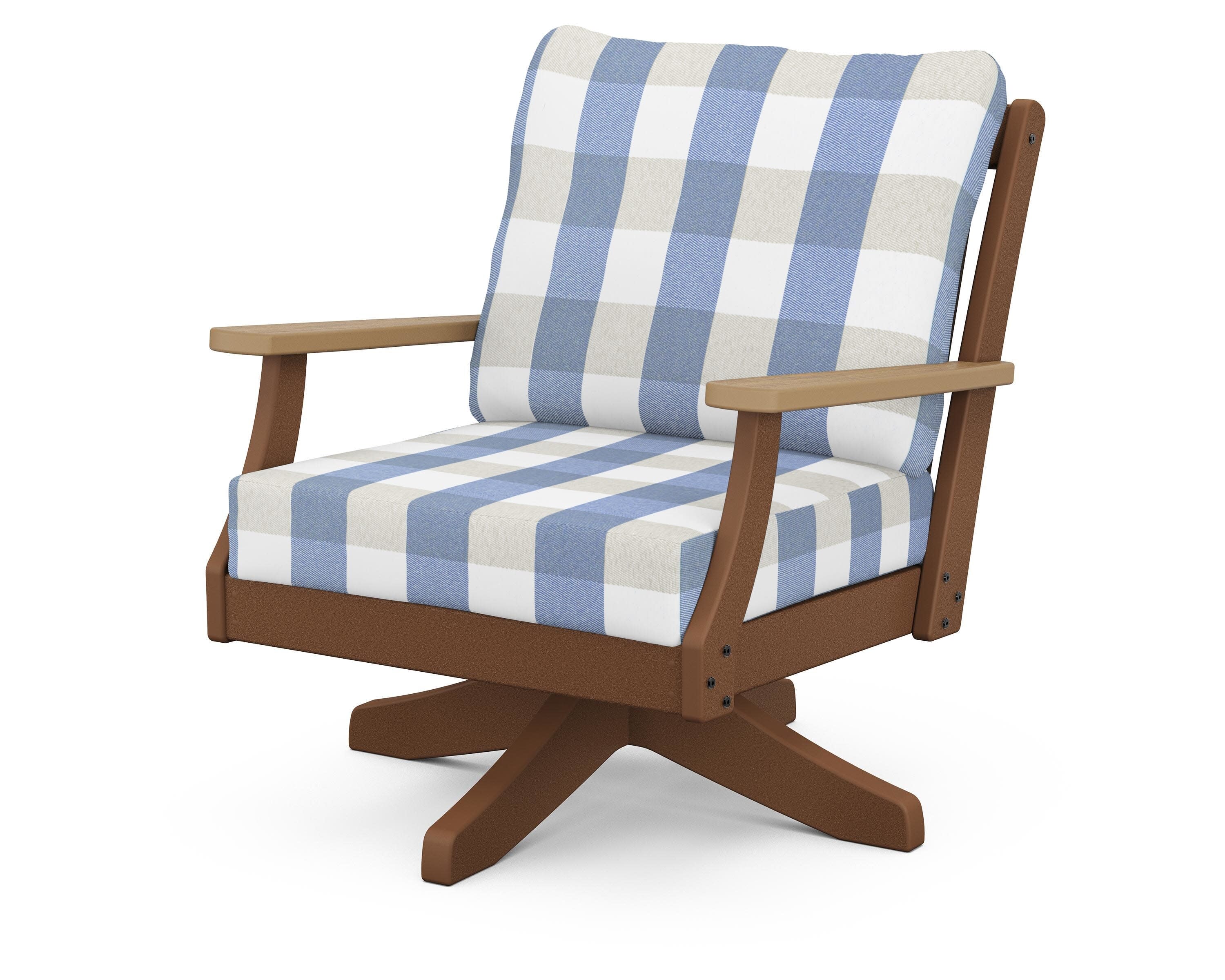 Braxton Deep Seating Swivel Chair in Teak / Natural / Buffalo Plaid Sky Blue