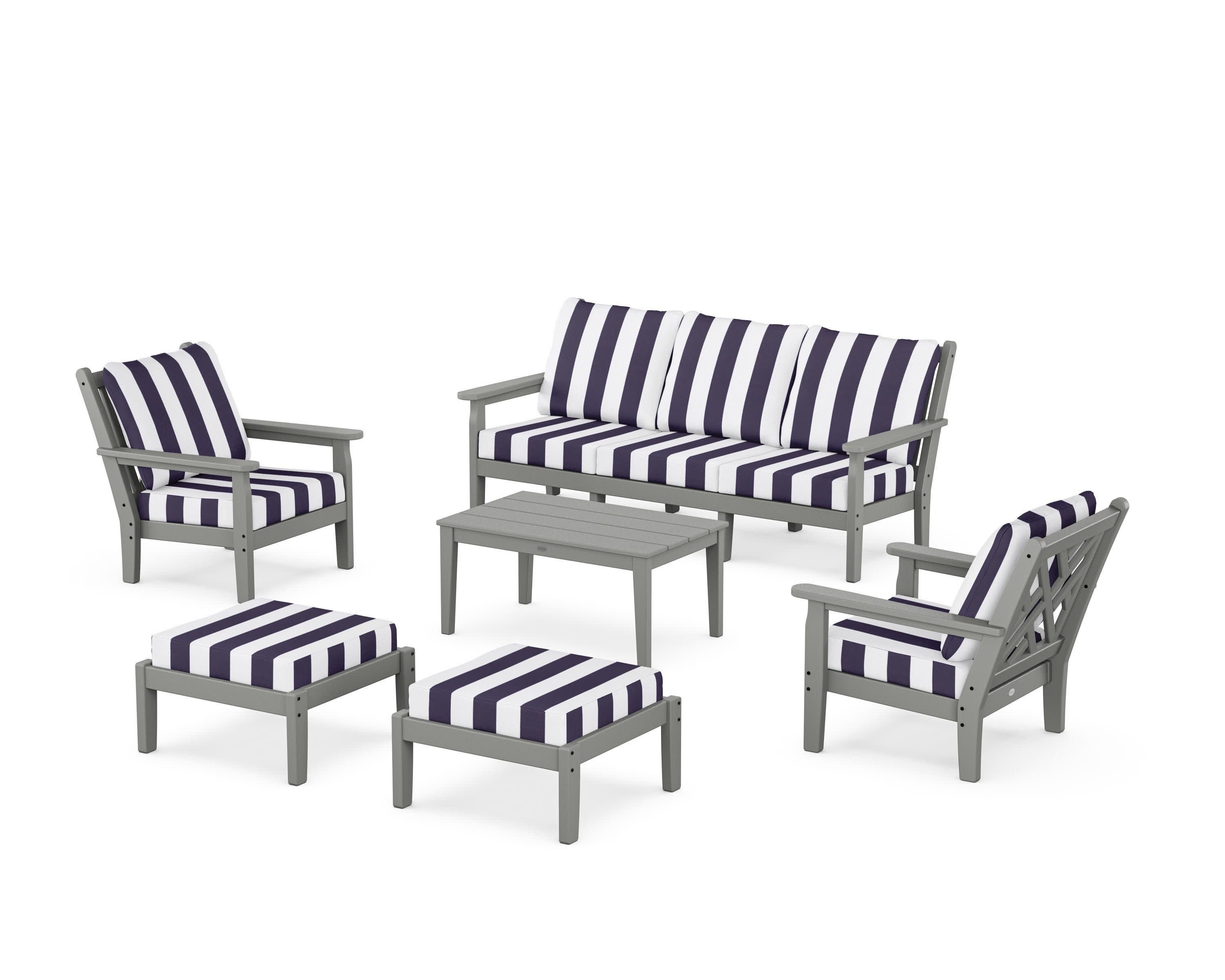 Chippendale 6-Piece Lounge Sofa Set in Slate Grey / Cabana Stripe Navy