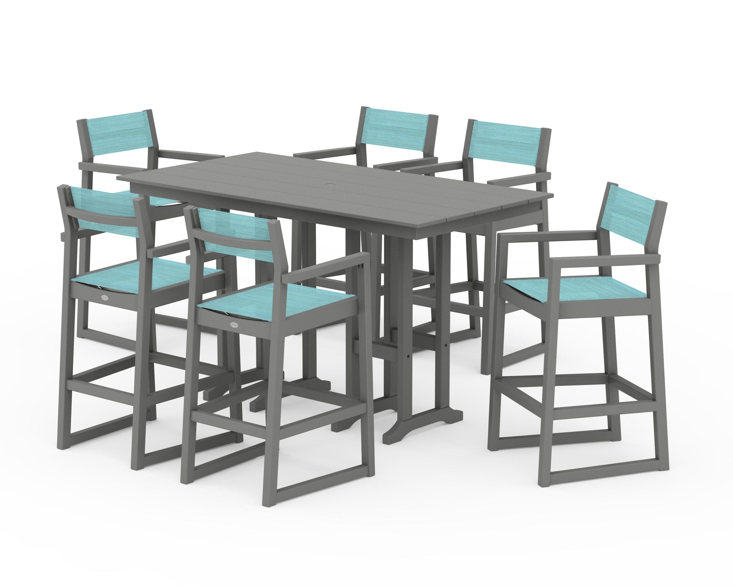 EDGE Sling Arm Chair 7-Piece Farmhouse Bar Set in Slate Grey / Dupioni Aquamarine Sling