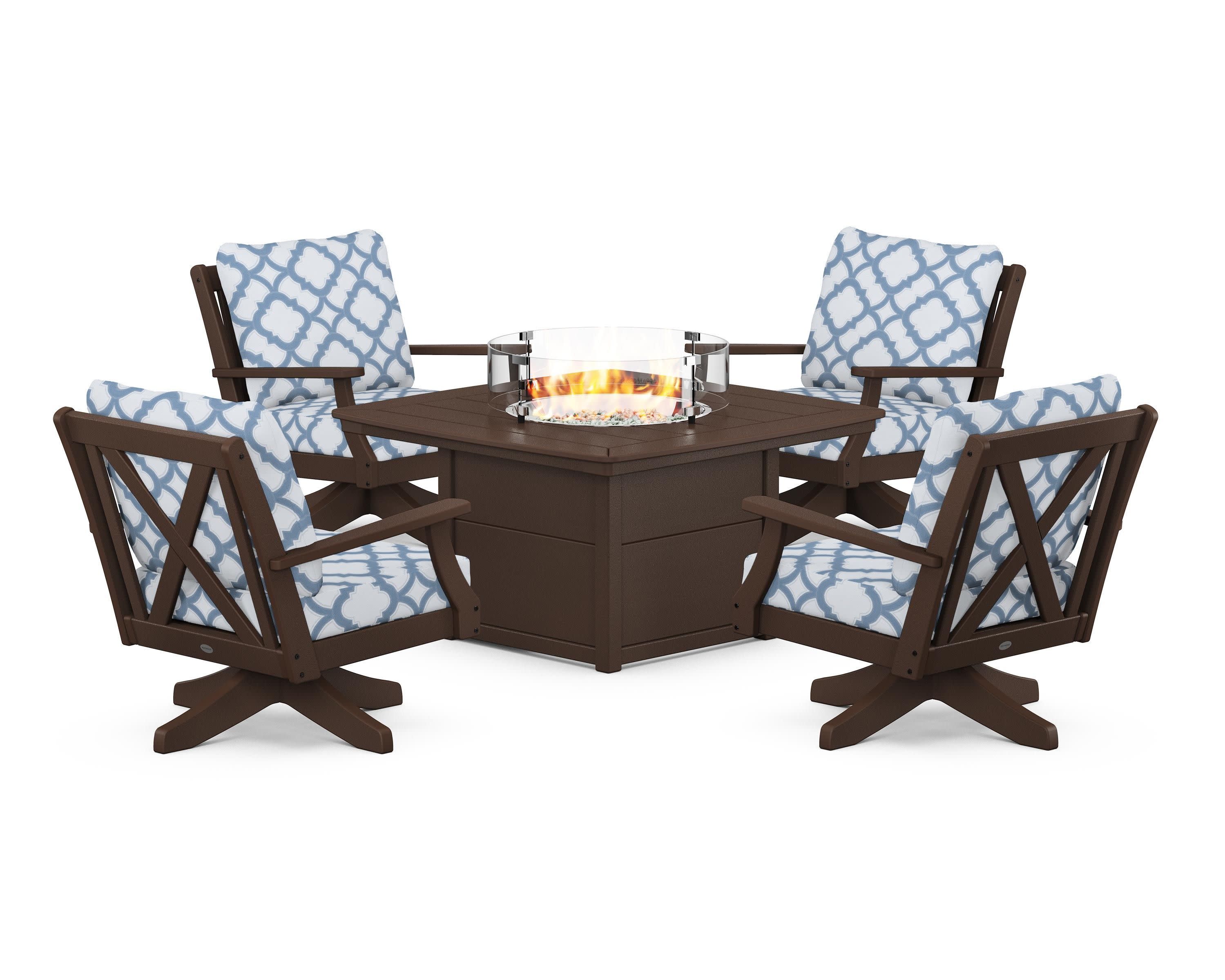 Braxton 5-Piece Deep Seating Swivel Conversation Set with Fire Pit Table in Mahogany / Trellis Sky Blue