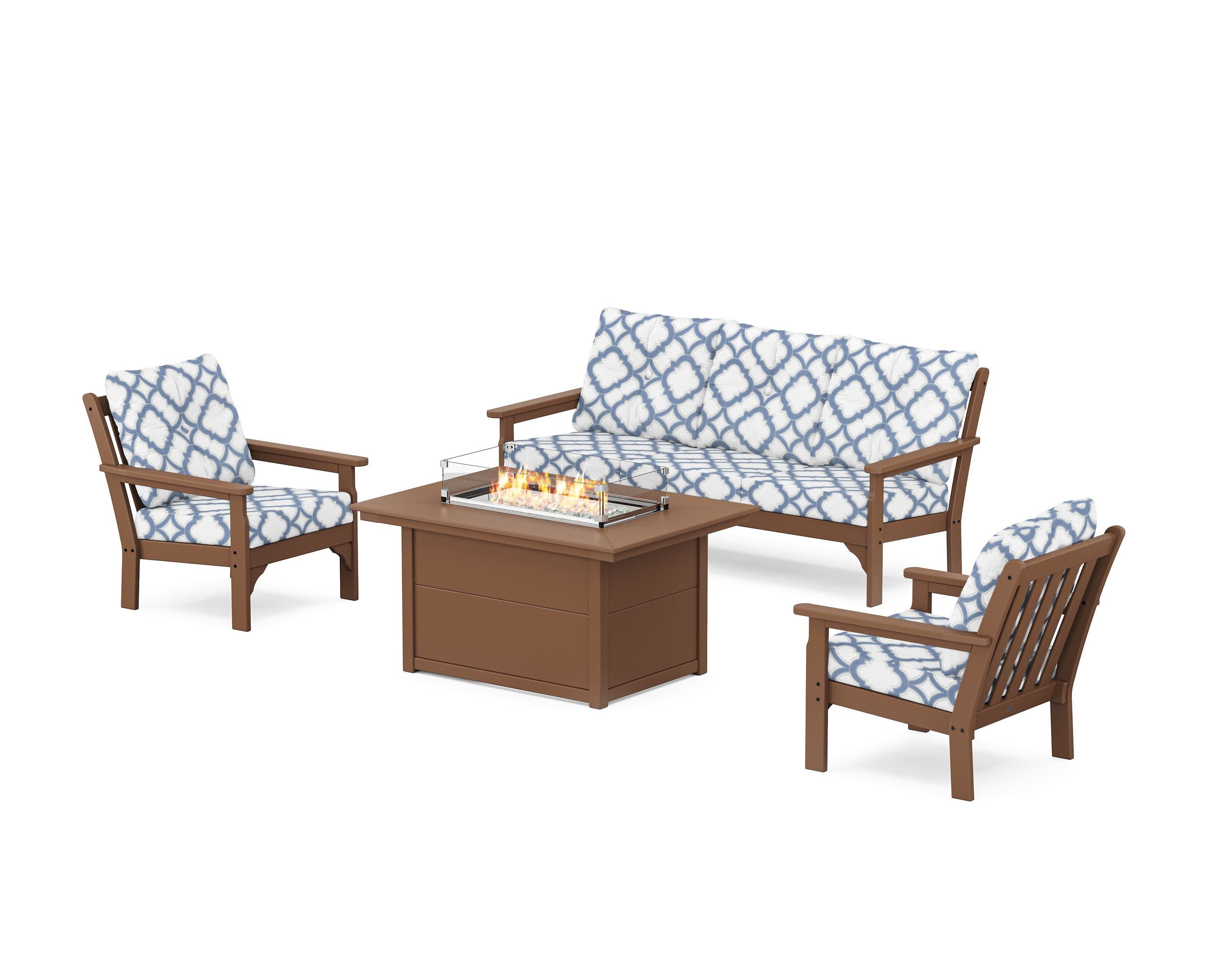 Vineyard Deep Seating Fire Pit Table Set in Teak / Trellis Sky Blue