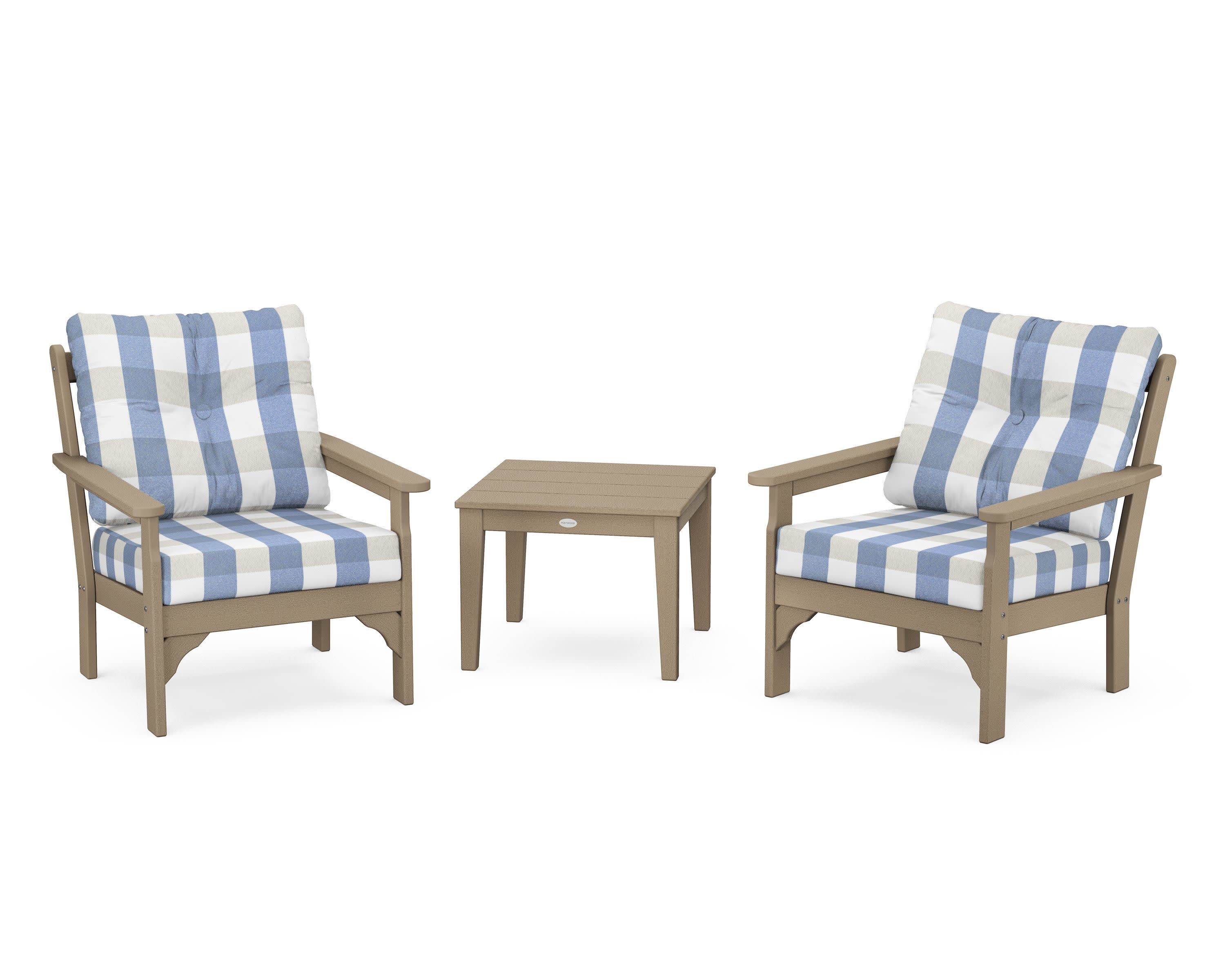 Vineyard 3-Piece Deep Seating Set in Vintage Sahara / Buffalo Plaid Sky Blue