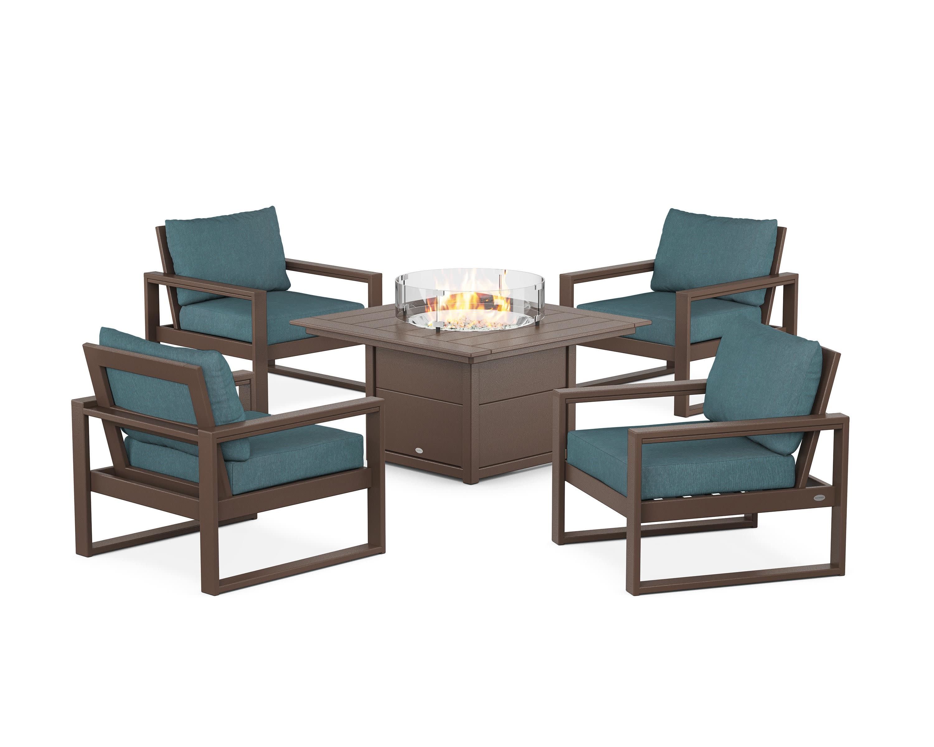 EDGE Sectional 5-Piece Deep Seating Set with Fire Pit Table in Mahogany / Ocean Teal