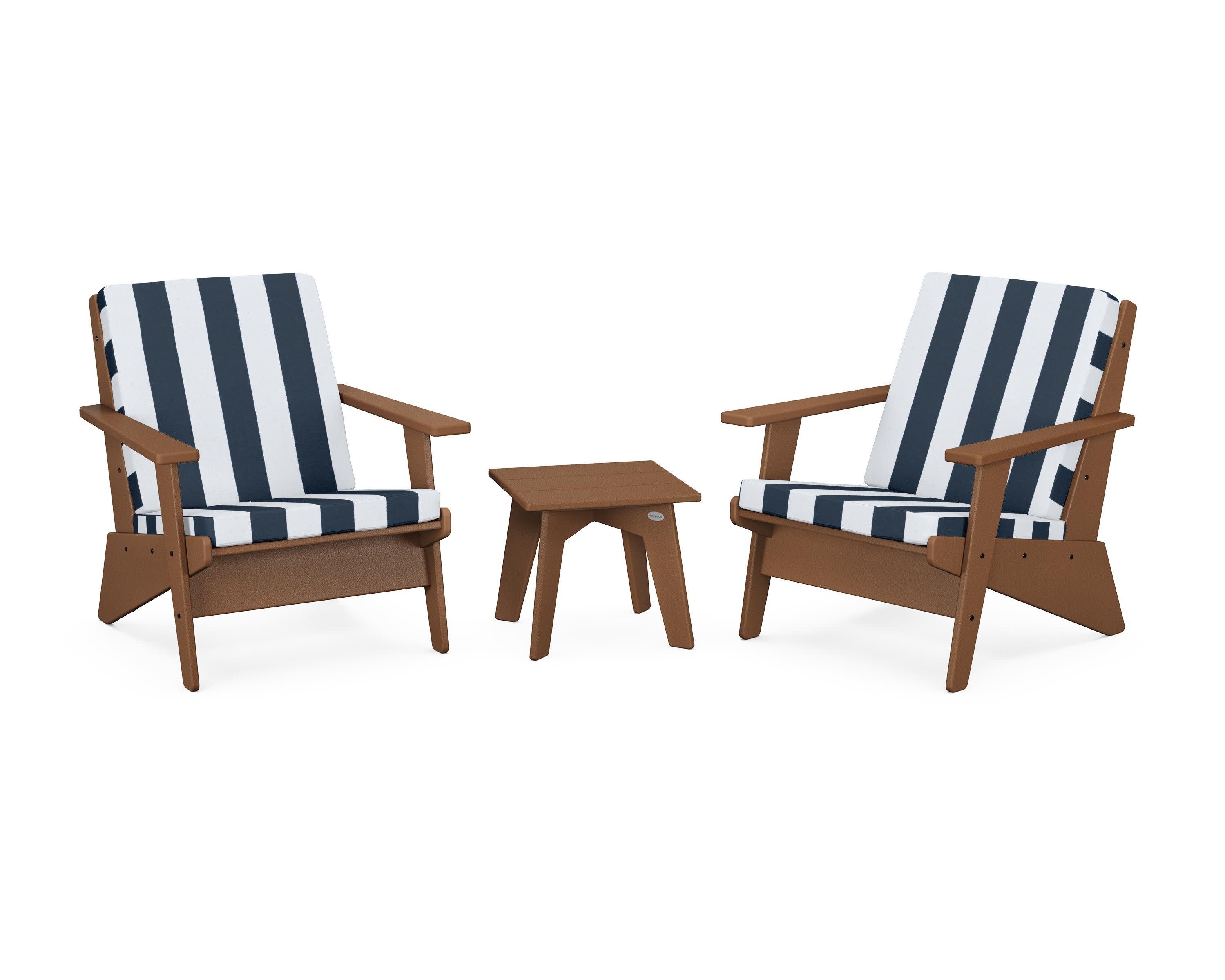 Riviera Modern Lounge 3-Piece Set in Teak / Cabana Stripe Marine Indigo