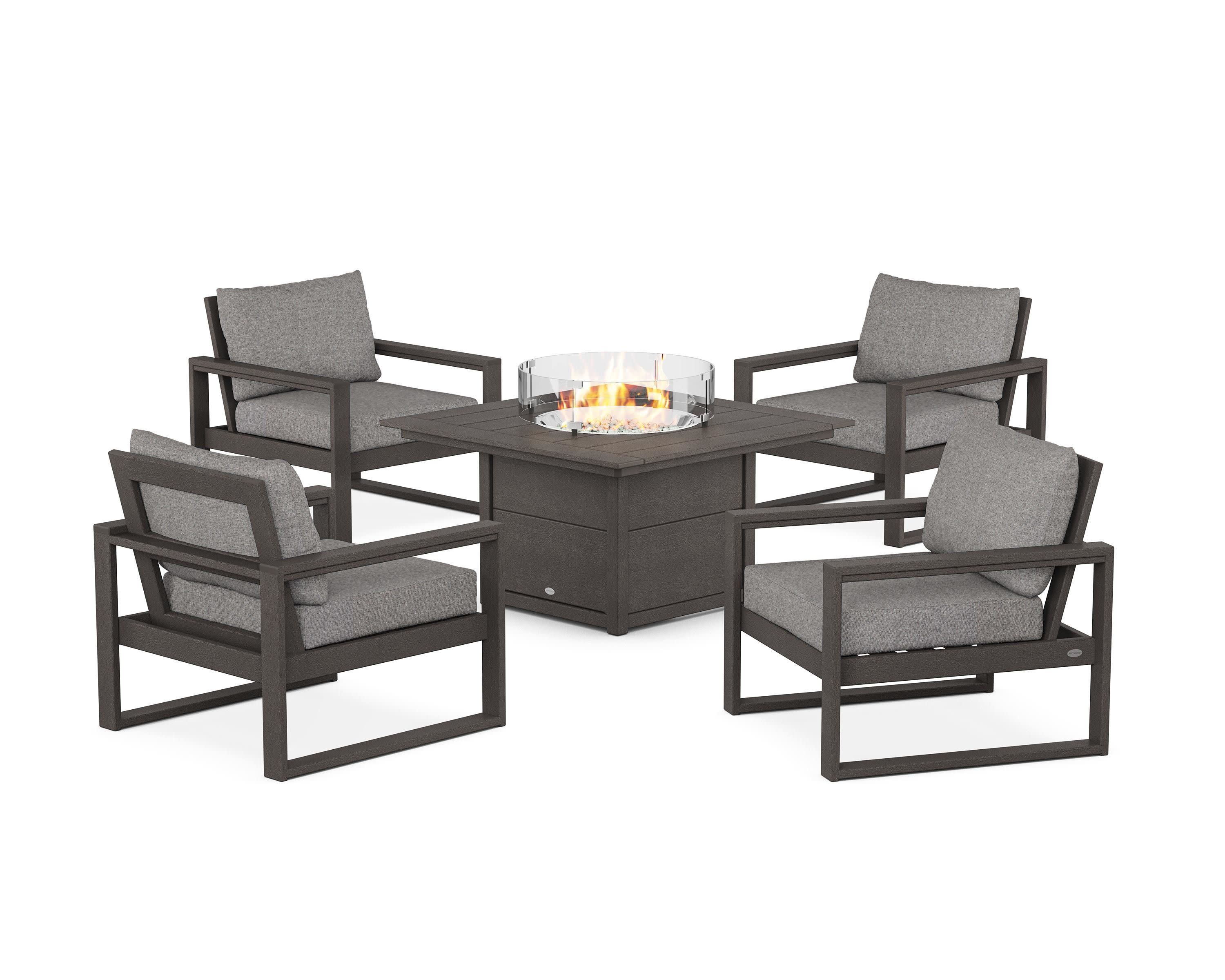 EDGE Sectional 5-Piece Deep Seating Set with Fire Pit Table in Vintage Coffee / Grey Mist