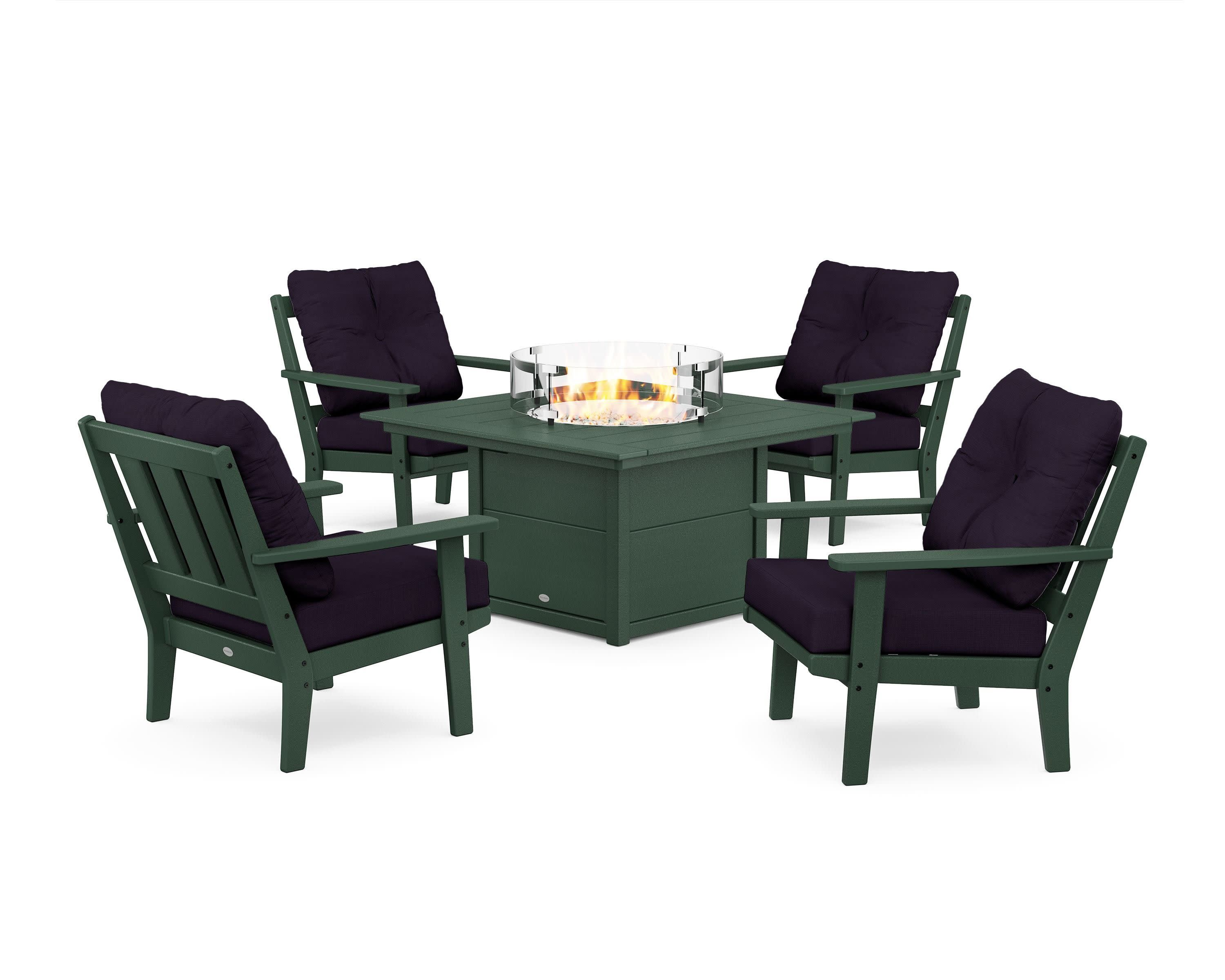 Oxford 5-Piece Deep Seating Set with Fire Pit Table in Green / Navy Linen