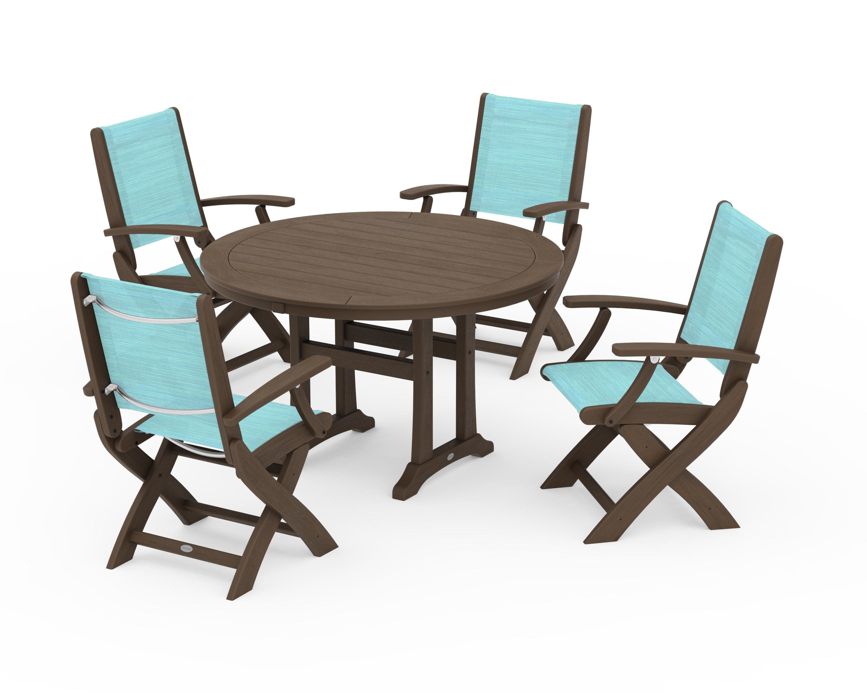 Coastal Folding Chair 5-Piece Round Dining Set with Trestle Legs in Kona / Dupioni Aquamarine Sling