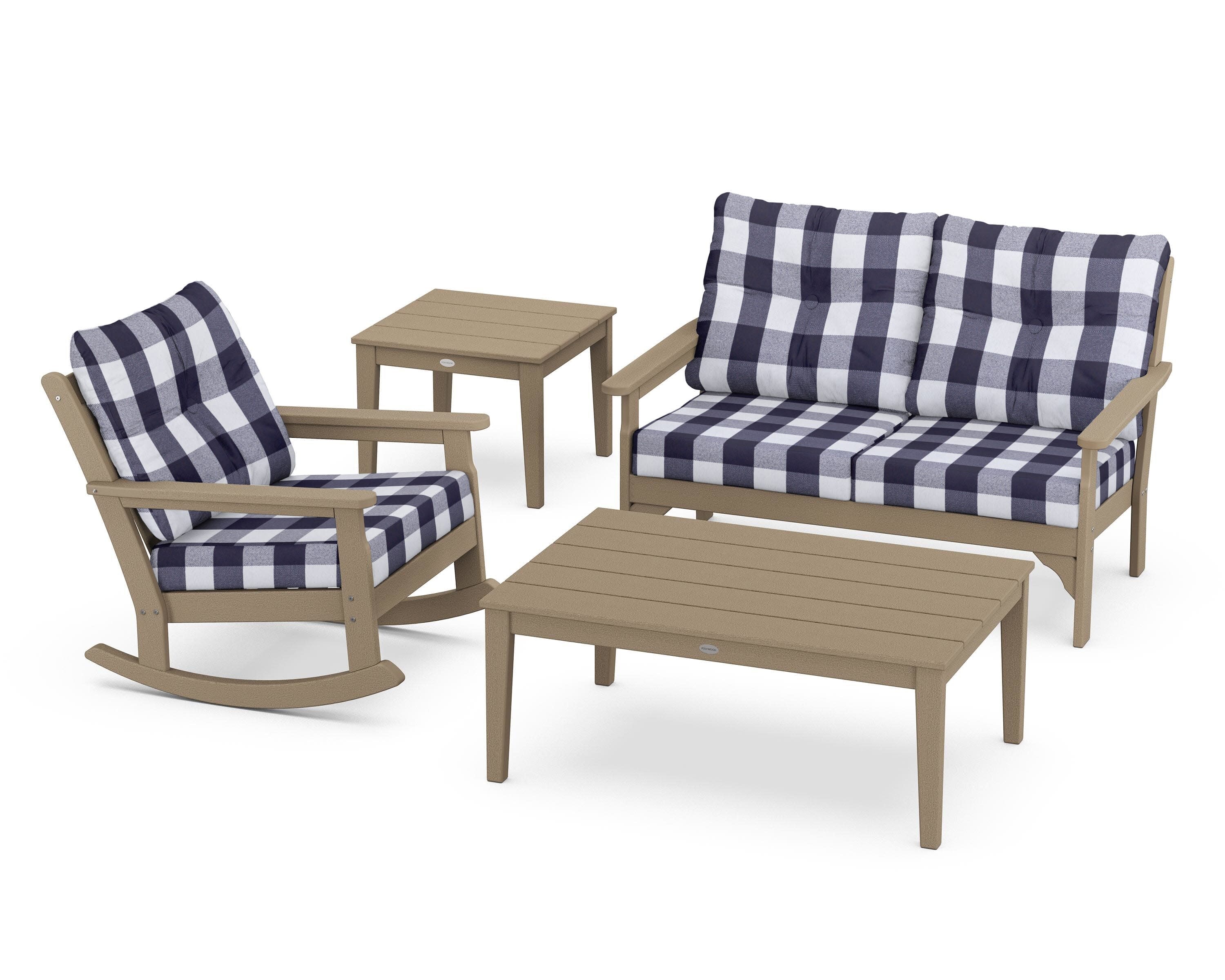 Vineyard 4-Piece Deep Seating Rocker Set in Vintage Sahara / Buffalo Plaid Navy
