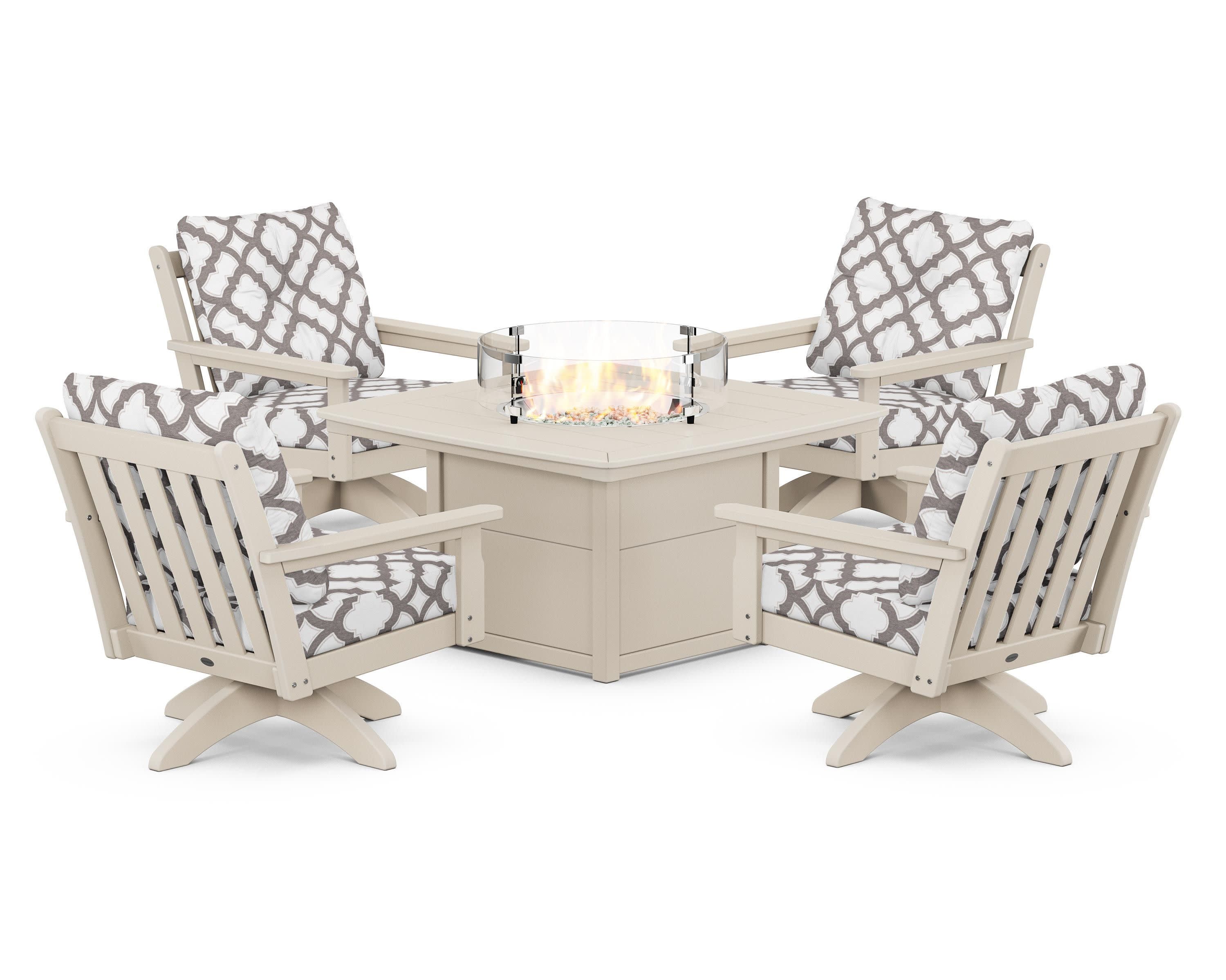 Vineyard 5-Piece Deep Seating Swivel Conversation Set with Fire Pit Table in Sand / Trellis Grey Mist