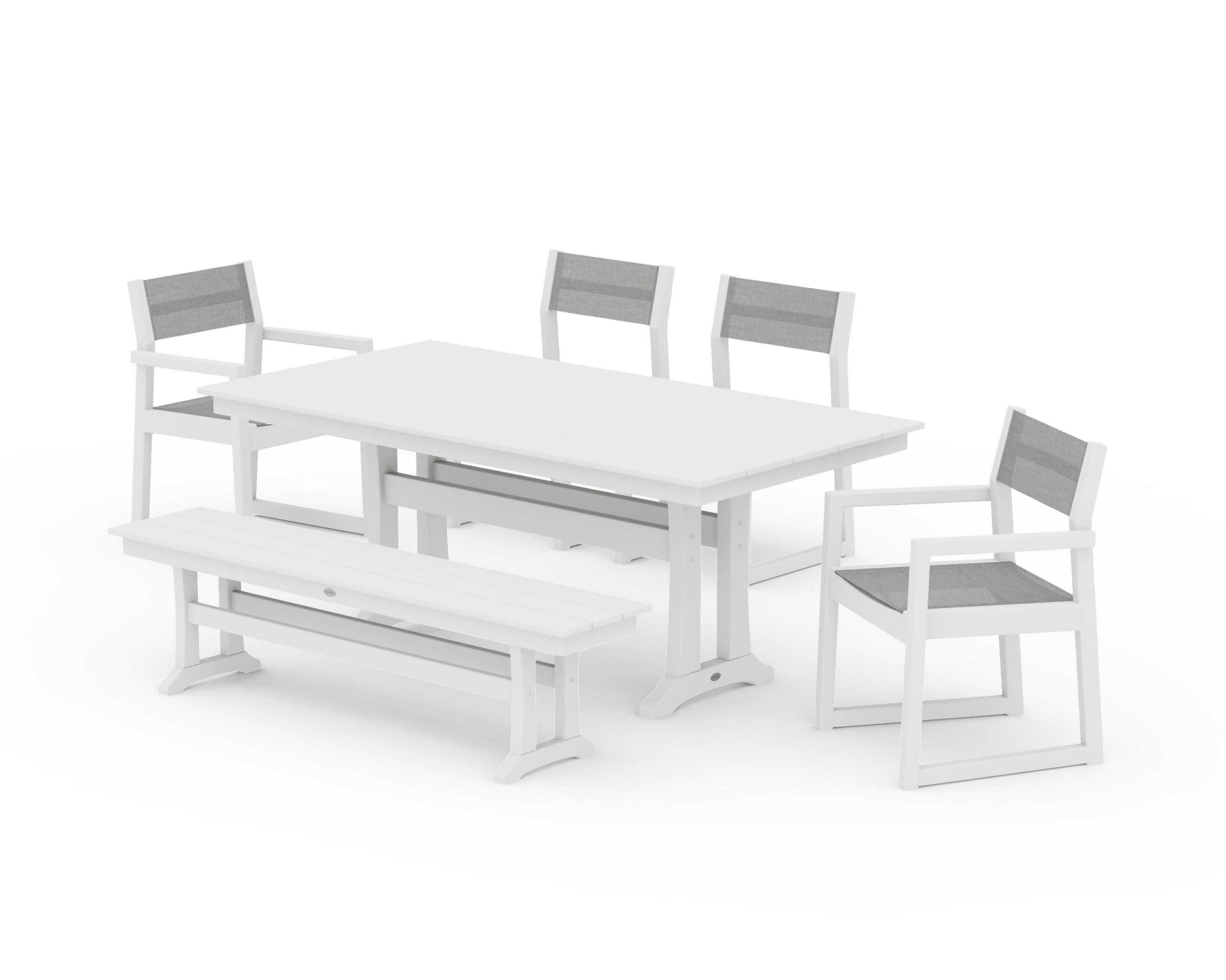 EDGE Sling 6-Piece Farmhouse Dining Set With Trestle Legs in White / Metallic Sling