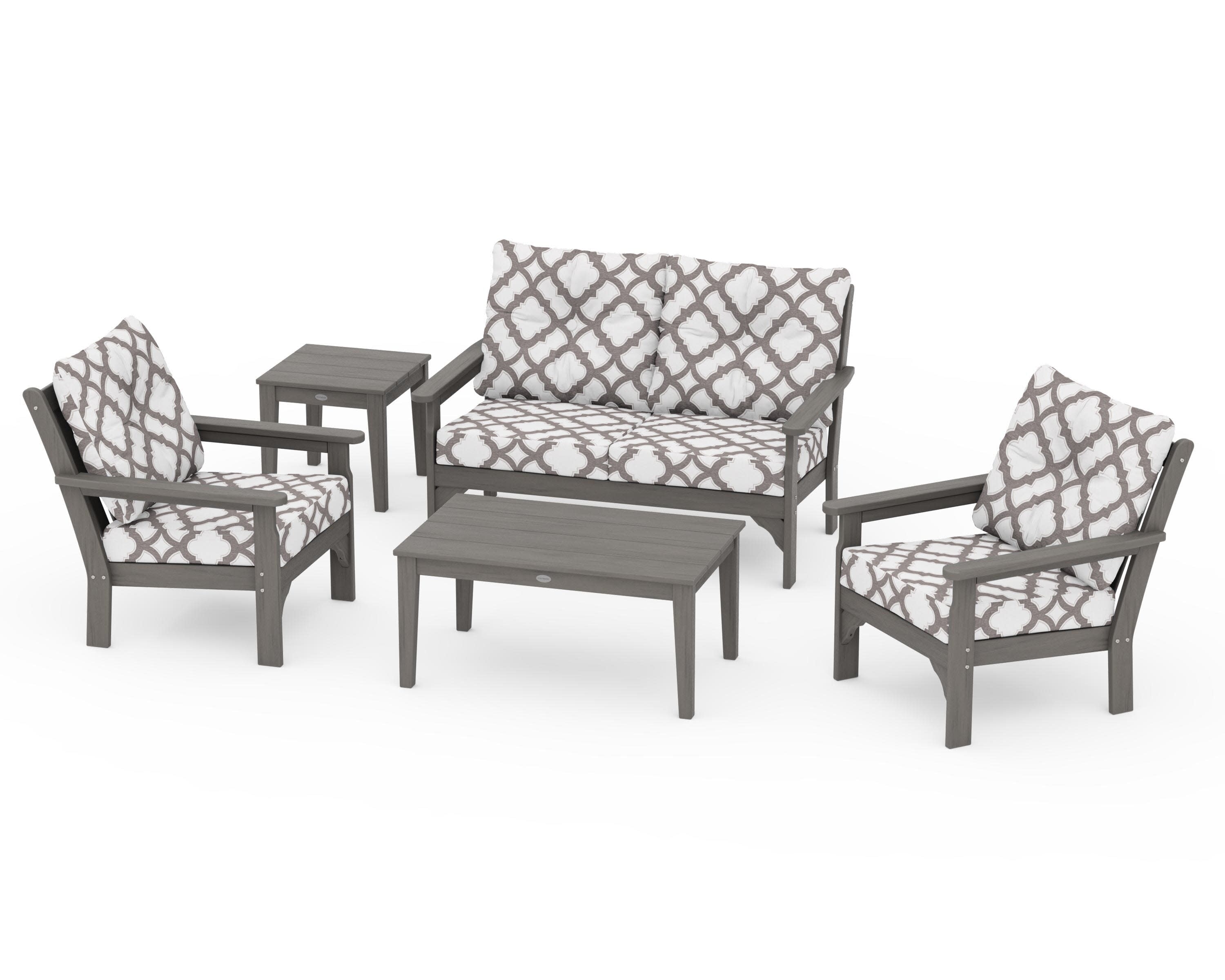 Vineyard 5-Piece Deep Seating Set in Driftwood / Trellis Grey Mist
