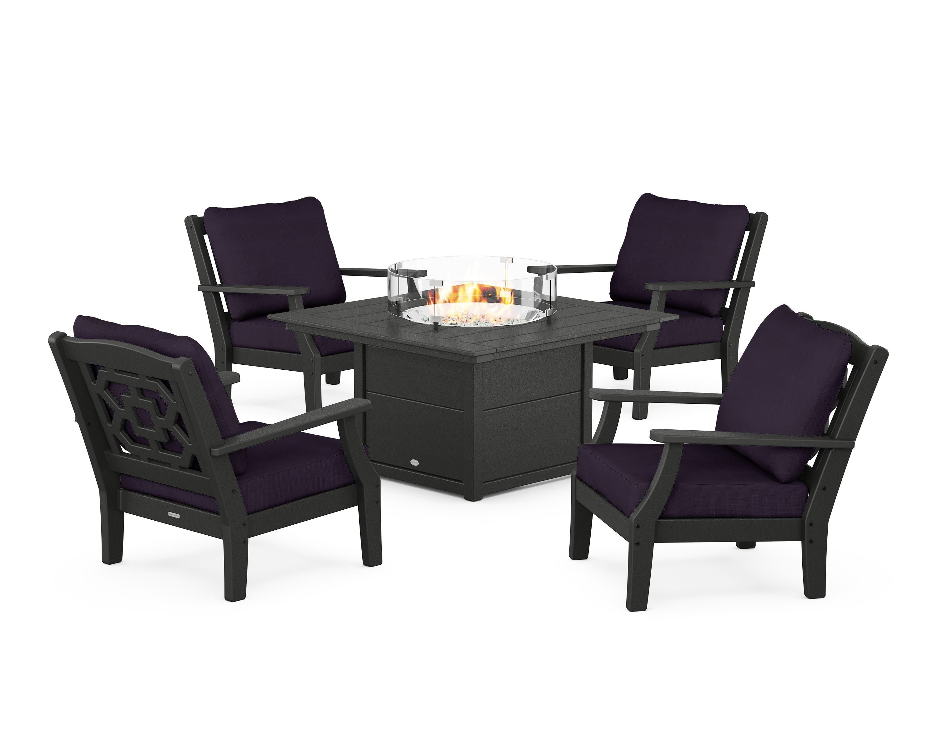 Chinoiserie 5-Piece Deep Seating Set with Fire Pit Table in Black / Navy Linen
