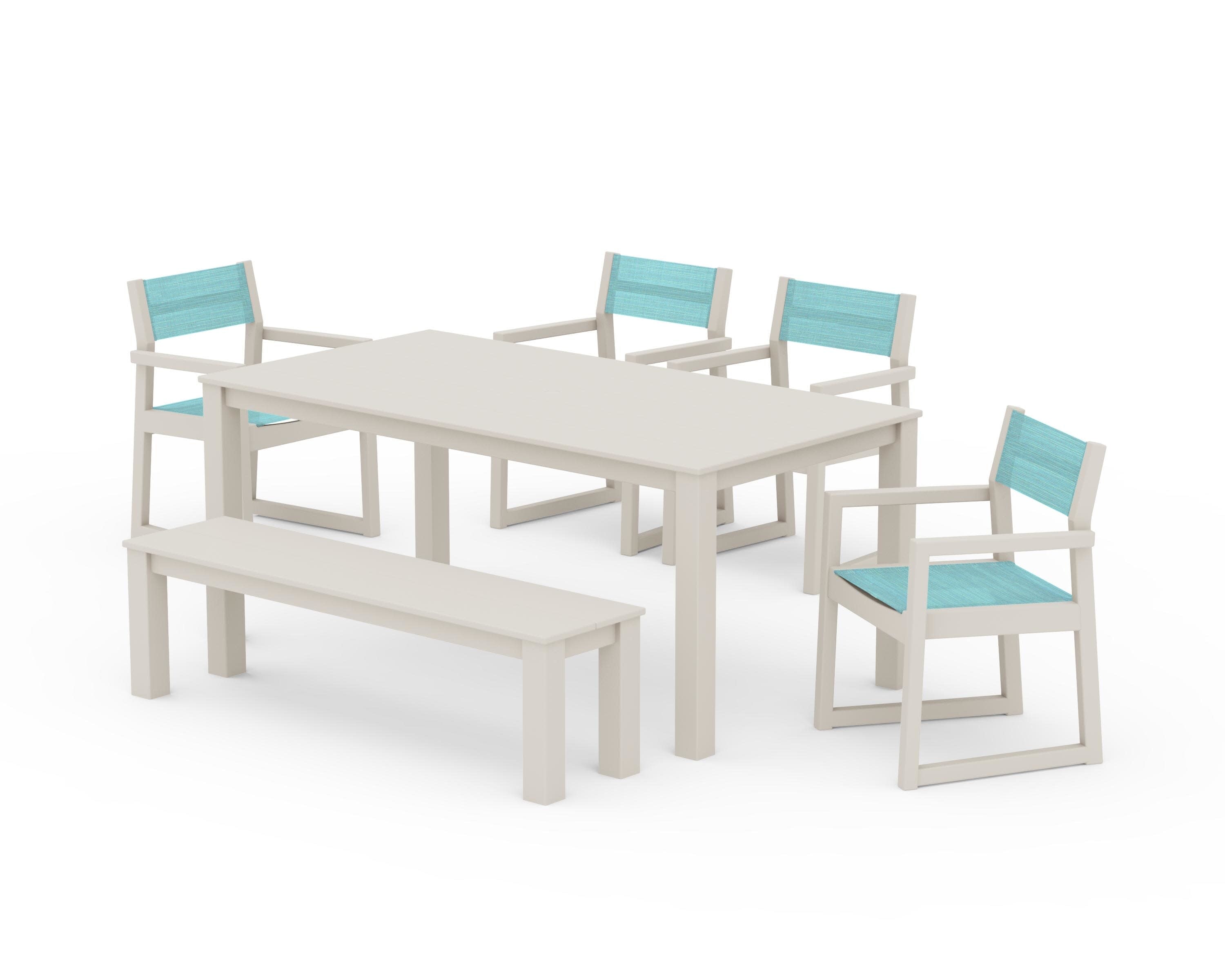 EDGE Sling Arm Chair 6-Piece Parsons Dining Set with Bench in Sand / Dupioni Aquamarine Sling