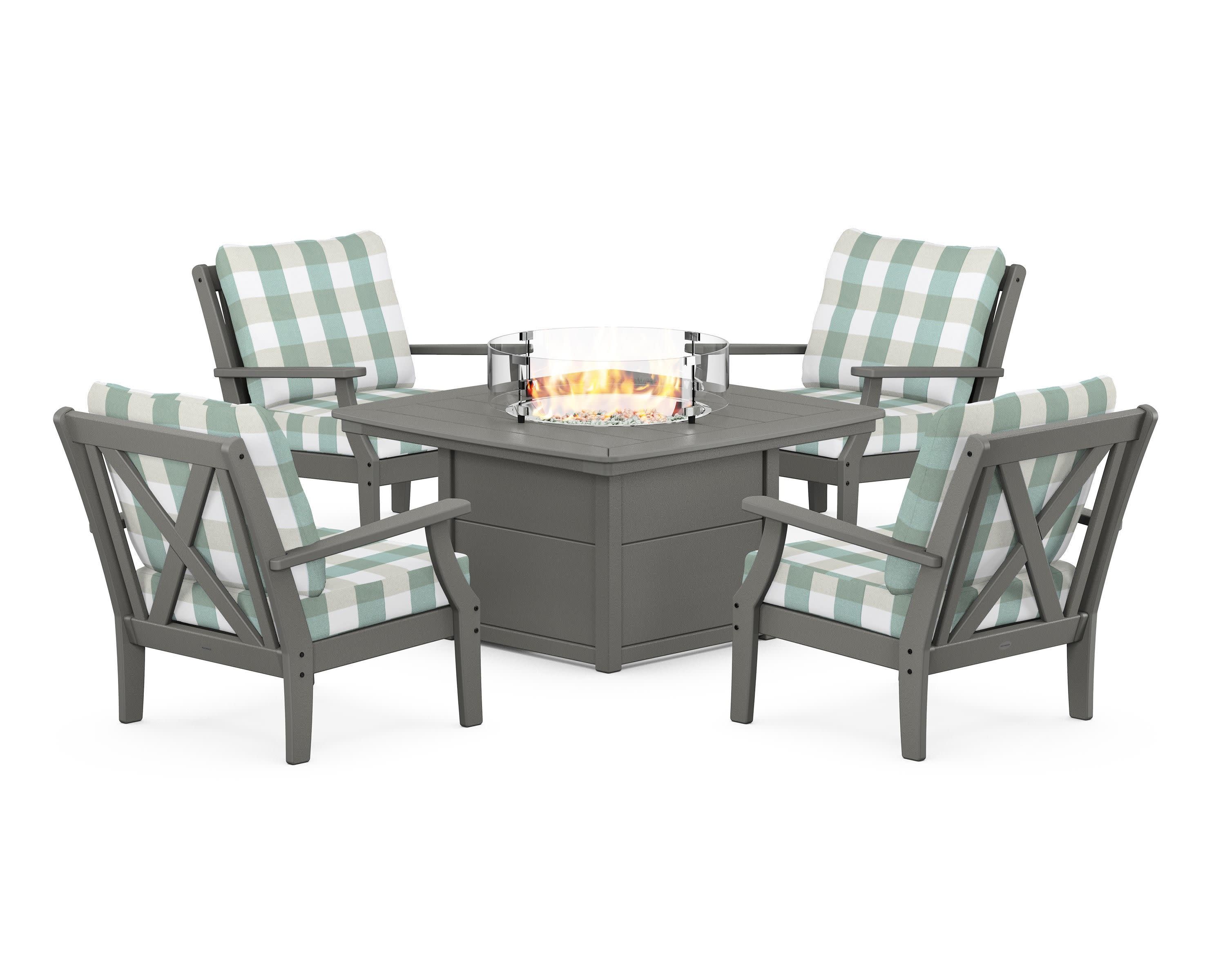Braxton 5-Piece Deep Seating Conversation Set with Fire Pit Table in Slate Grey / Buffalo Plaid Glacier Spa