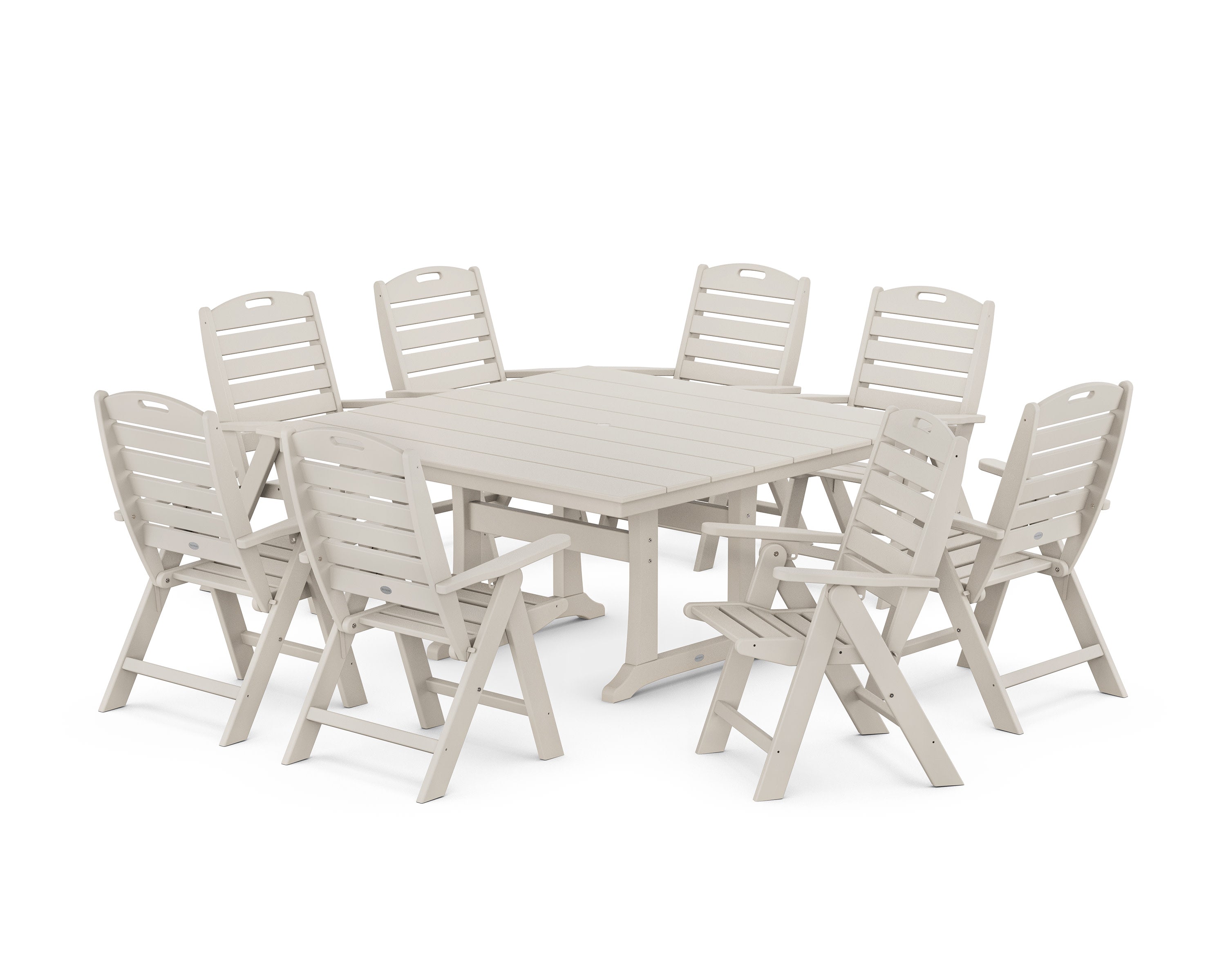 Nautical Highback 9-Piece Square Farmhouse Dining Set with Trestle Legs in Sand