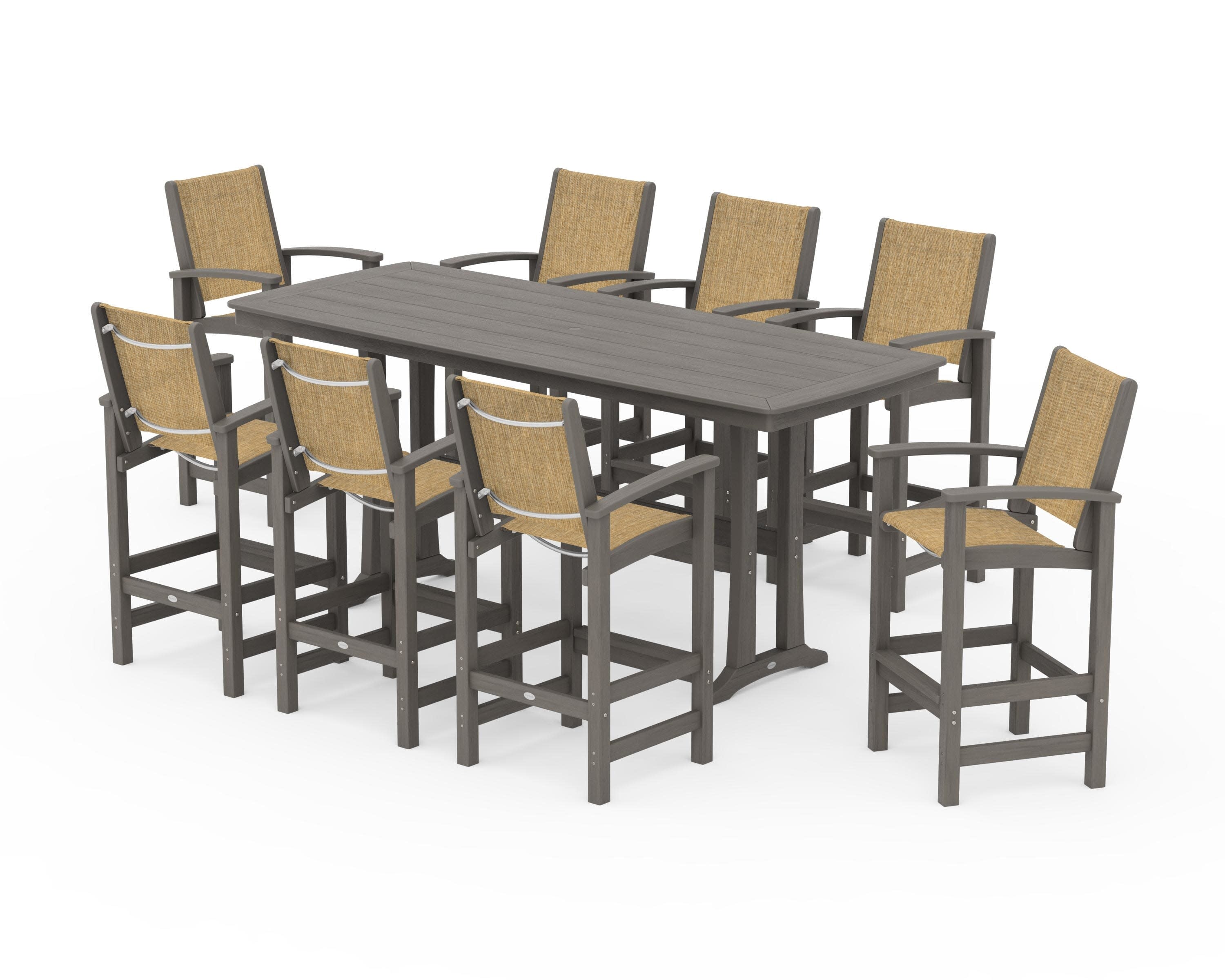 Coastal 9-Piece Bar Set with Trestle Legs in Driftwood / Burlap Sling
