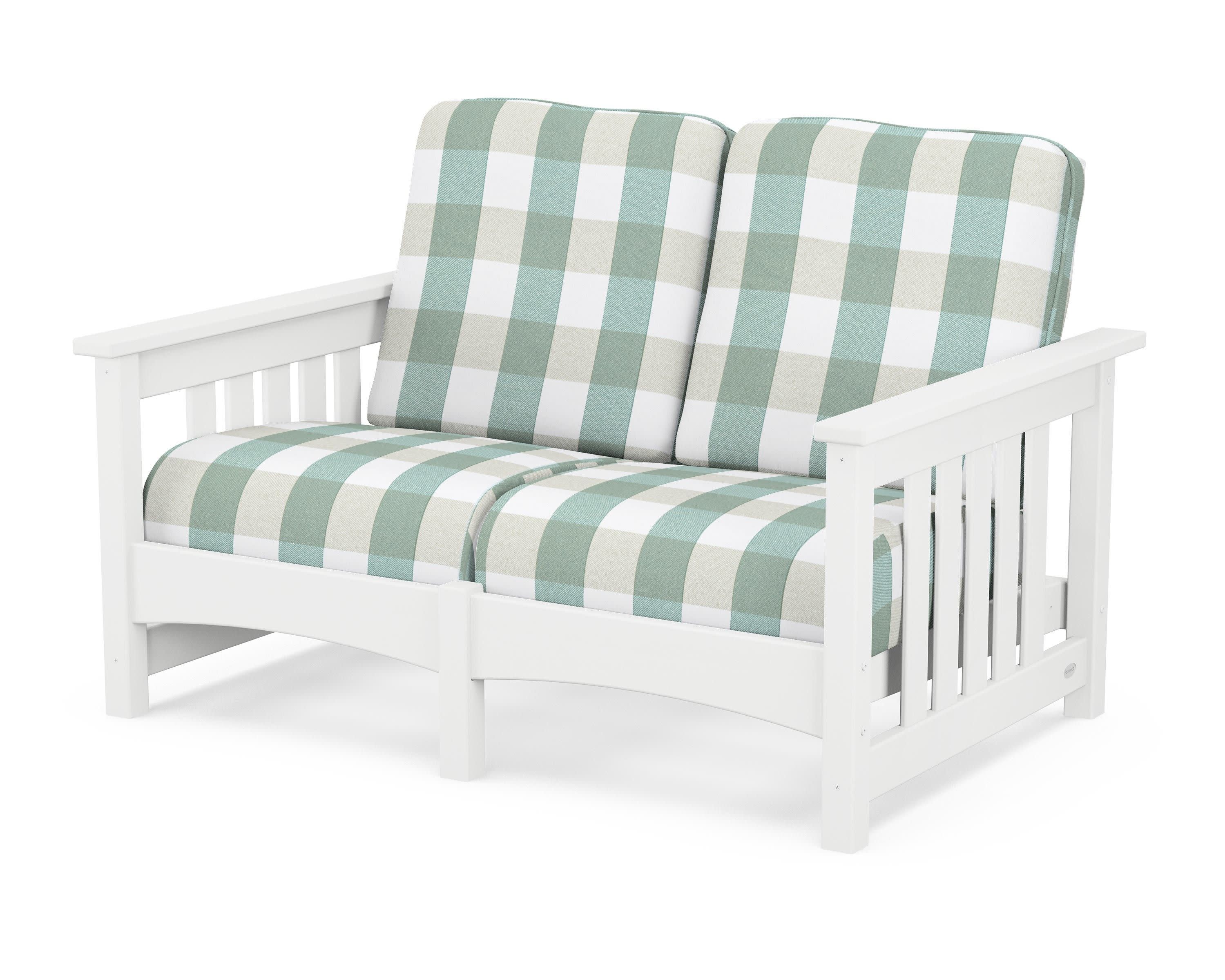 Club Mission Loveseat in White / Buffalo Plaid Glacier Spa