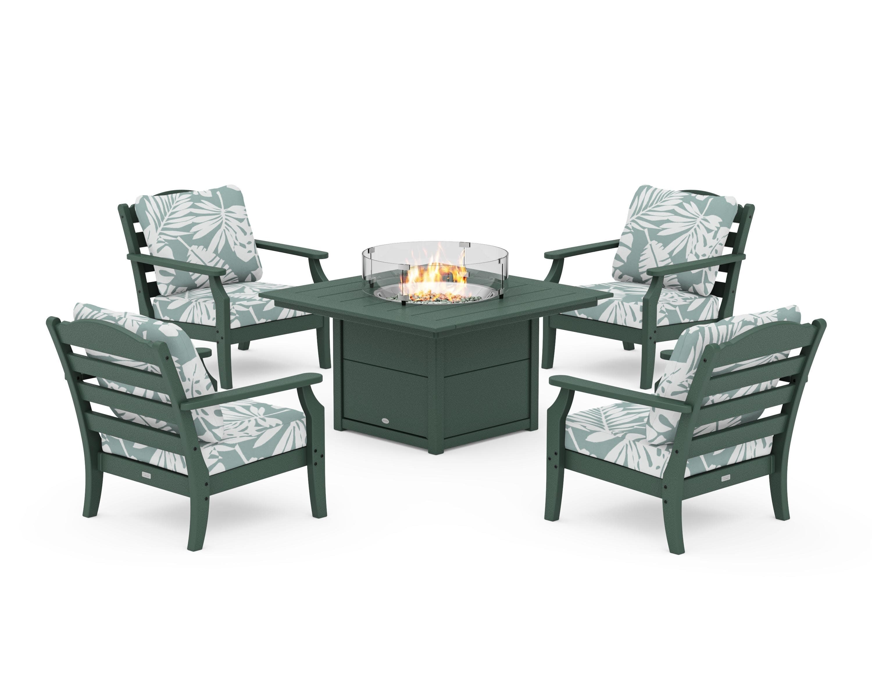 Savannah 5-Piece Deep Seating Set with Fire Pit Table in Green / Leaf Glacier Spa