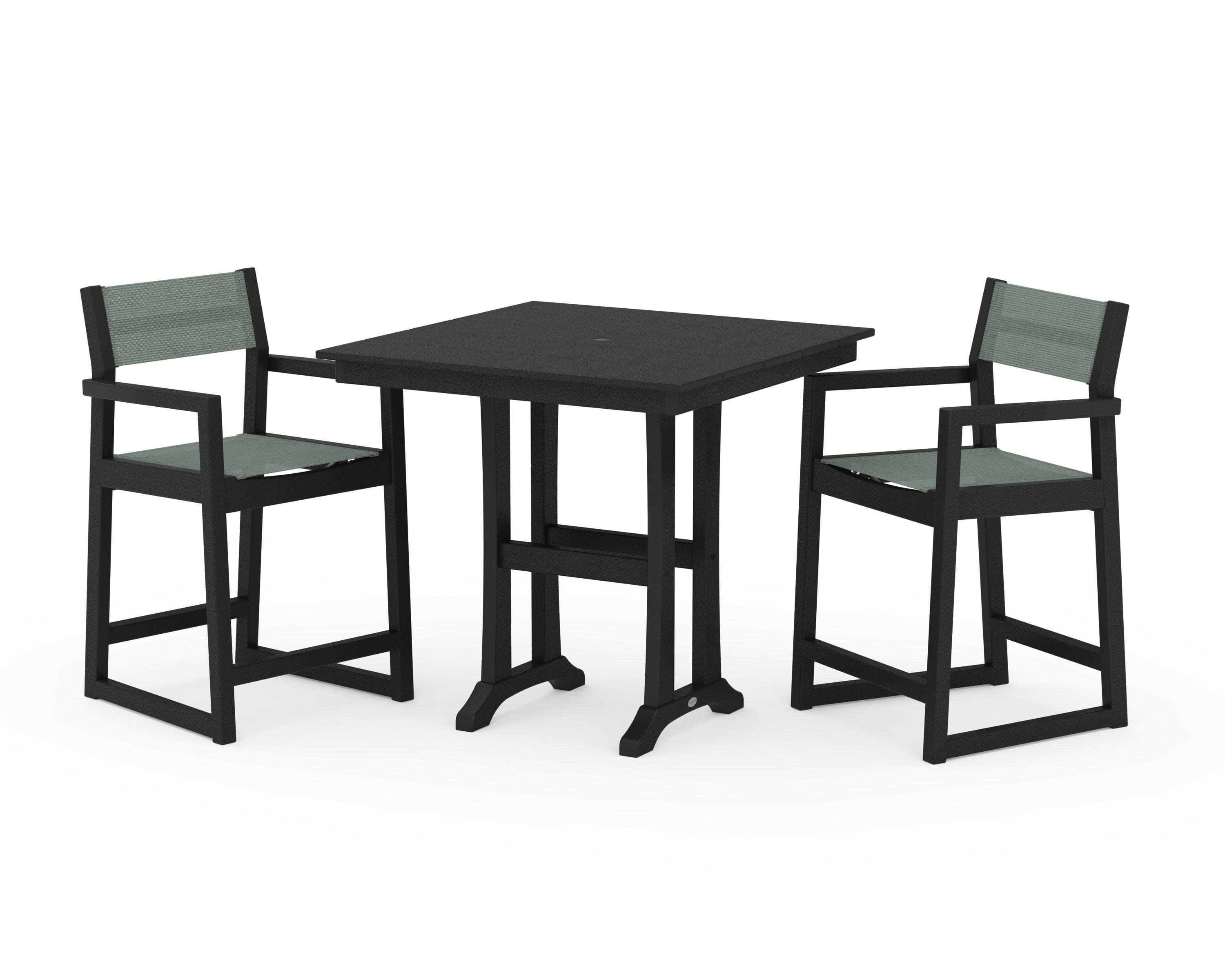 EDGE Sling Arm Chair 3-Piece Farmhouse Counter Set with Trestle Legs in Black / Dupioni Sea Mist Sling