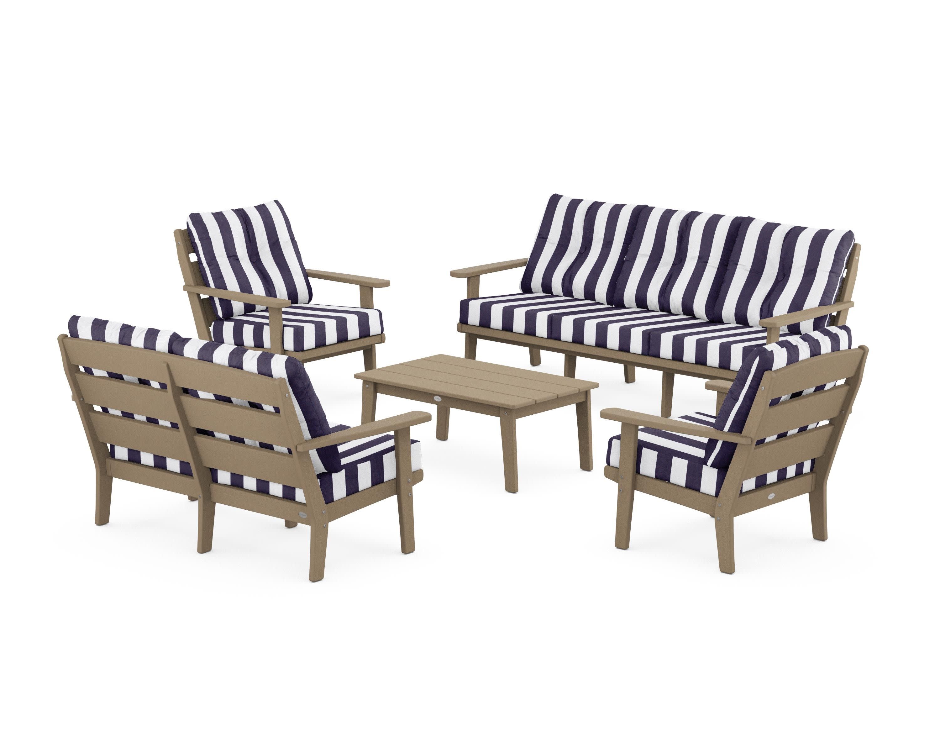 Lakeside 5-Piece Lounge Sofa Set in Vintage Sahara / Cabana Stripe Navy