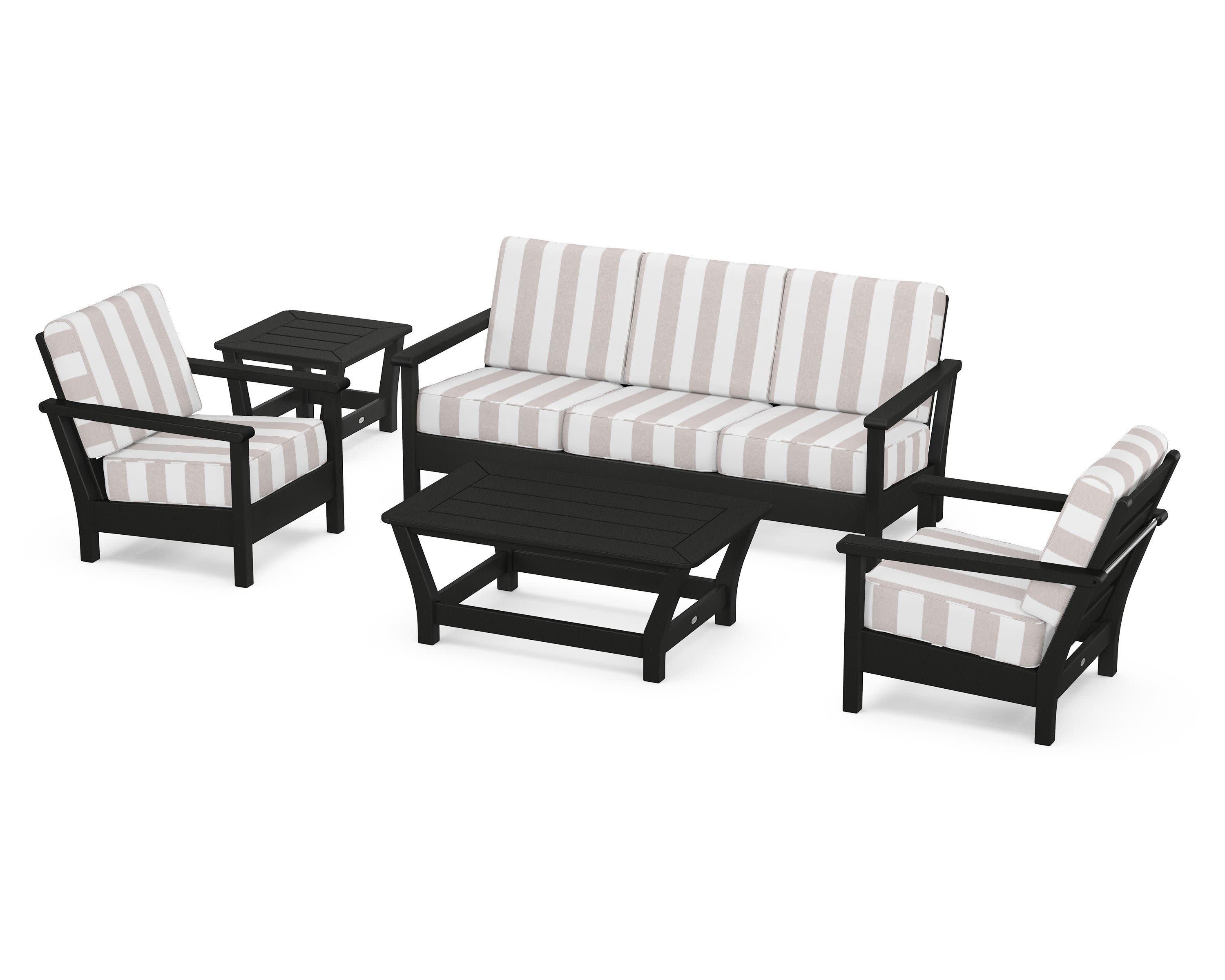 Harbour 5-Piece Deep Seating Set in Black / Cabana Stripe Dune Burlap