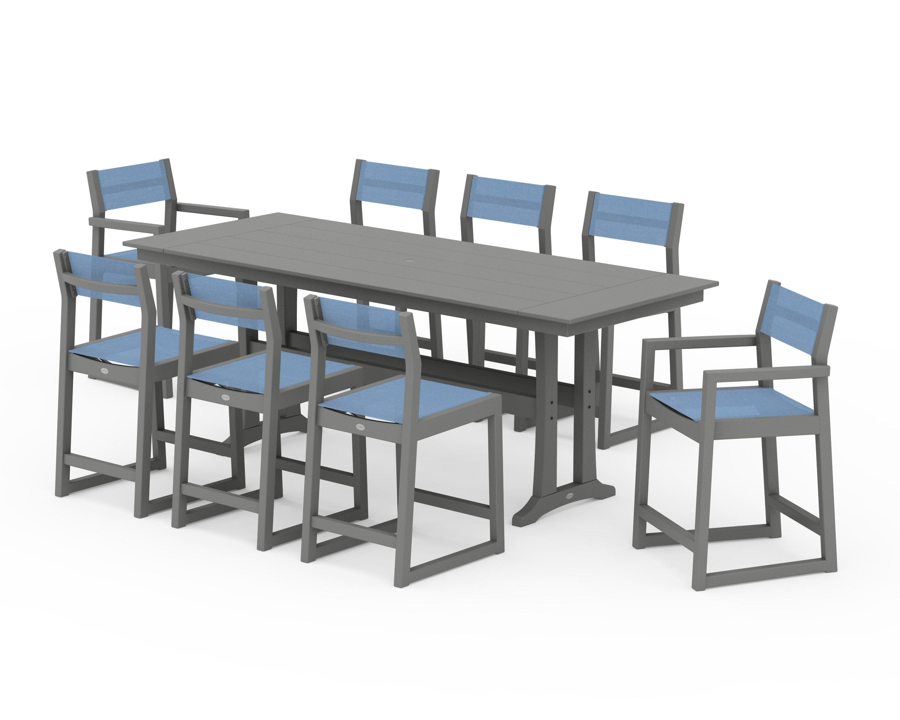 EDGE Sling 9-Piece Farmhouse Counter Set with Trestle Legs in Slate Grey / Poolside Sling