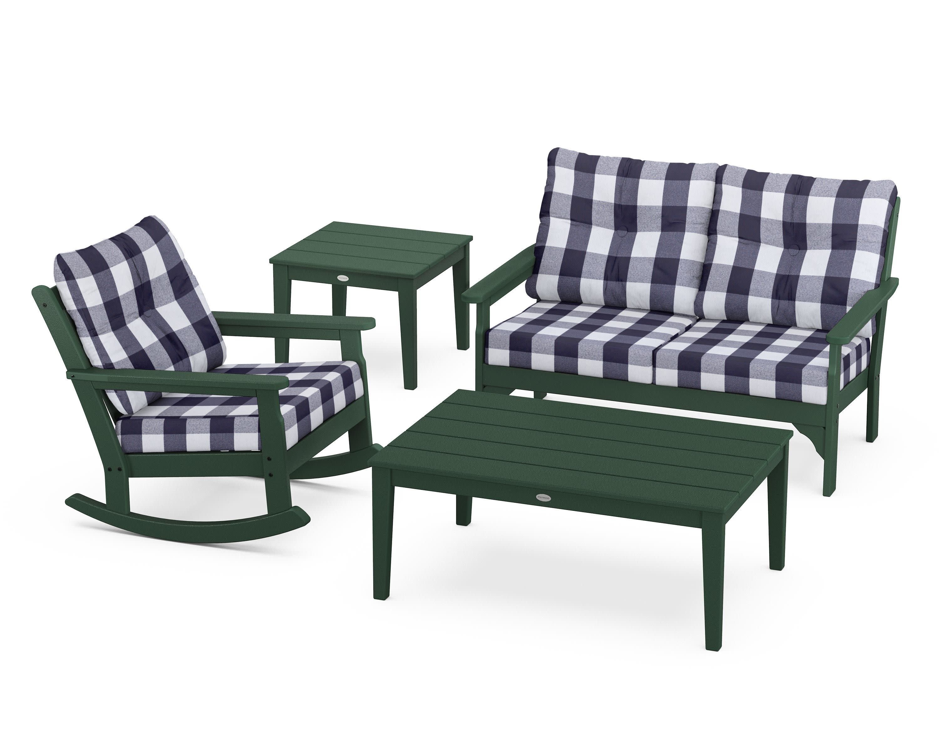 Vineyard 4-Piece Deep Seating Rocker Set in Green / Buffalo Plaid Navy