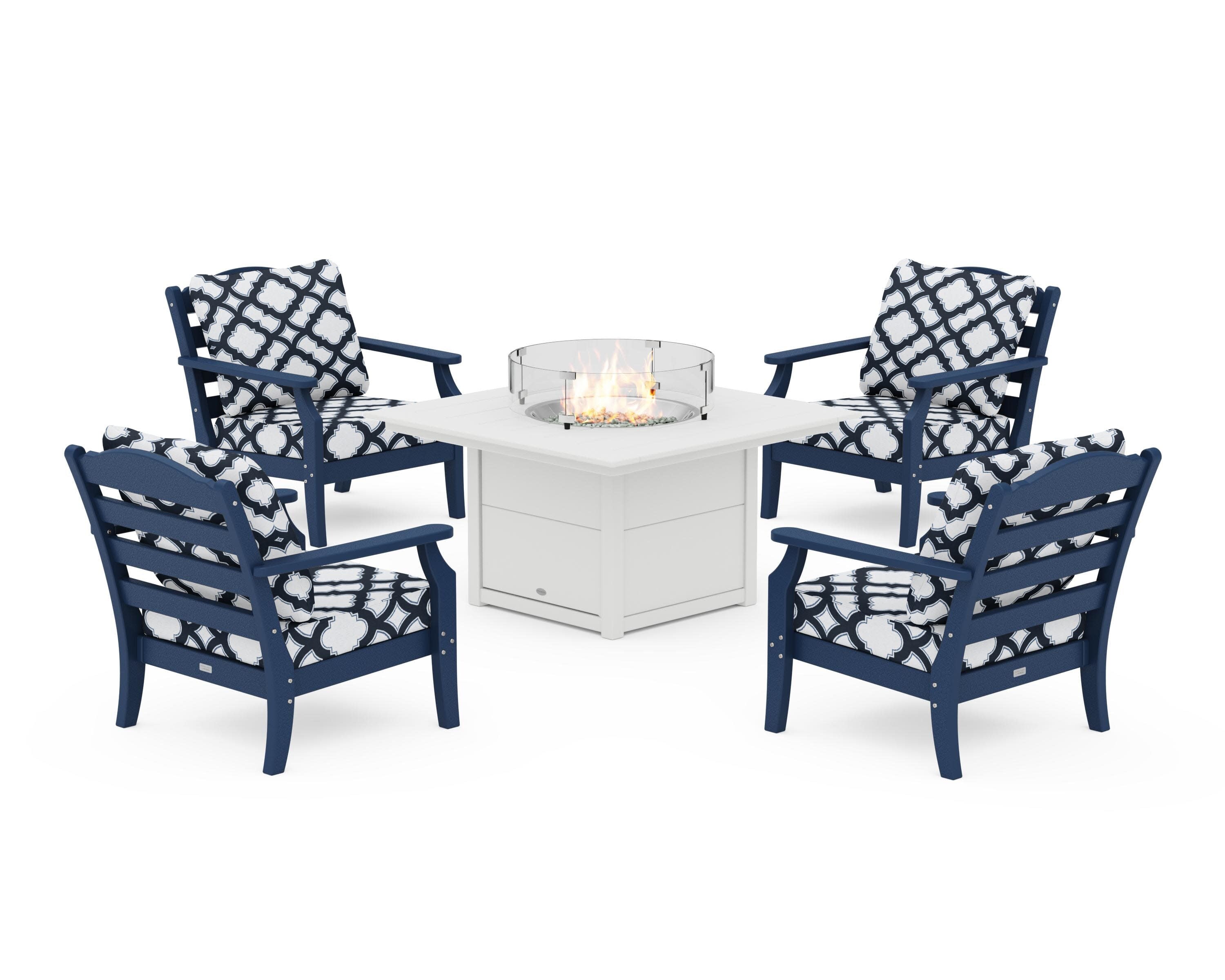 Savannah 5-Piece Deep Seating Set with Fire Pit Table in Navy / Trellis Marine Indigo
