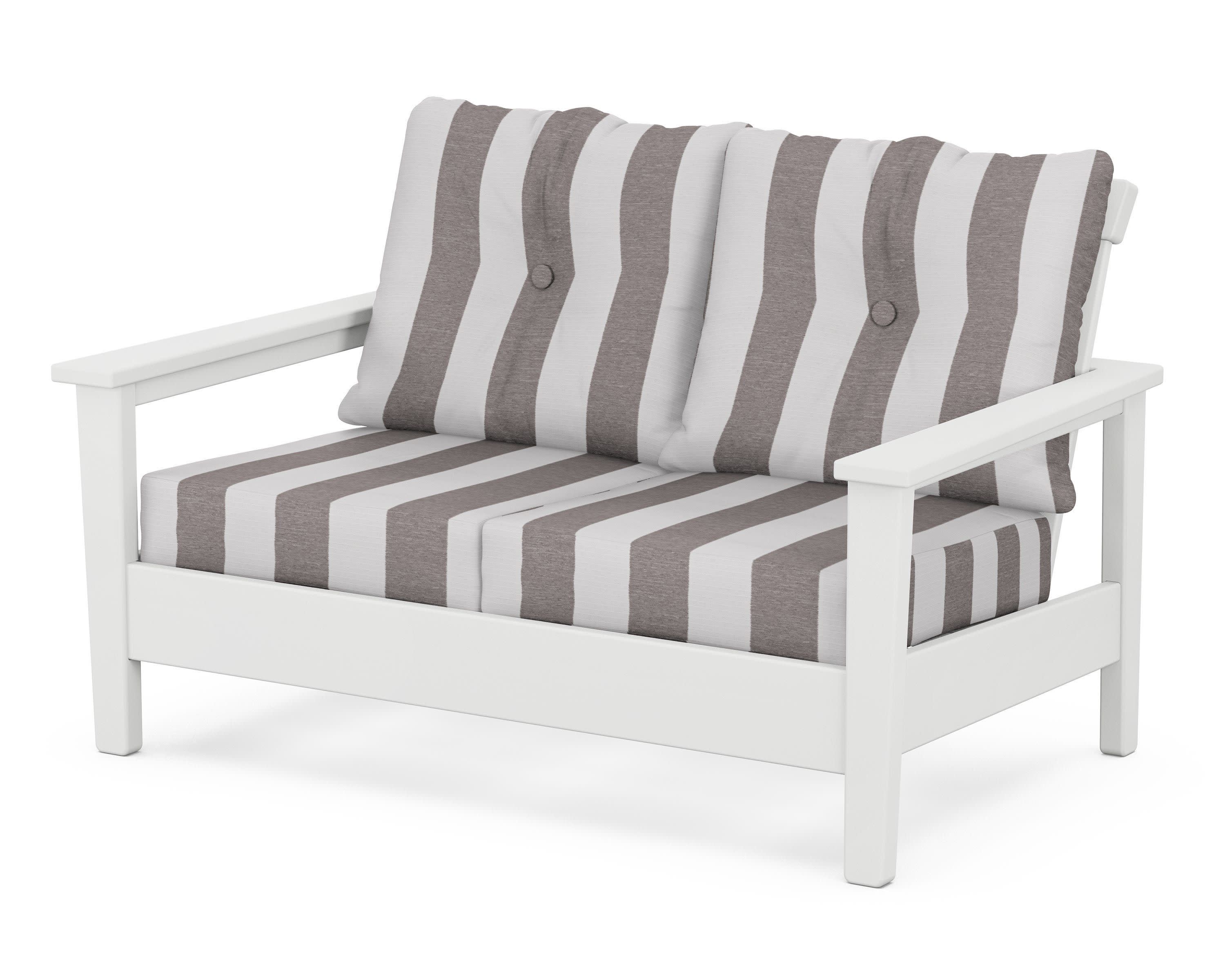 Prescott Deep Seating Loveseat in White / Cabana Stripe Grey Mist