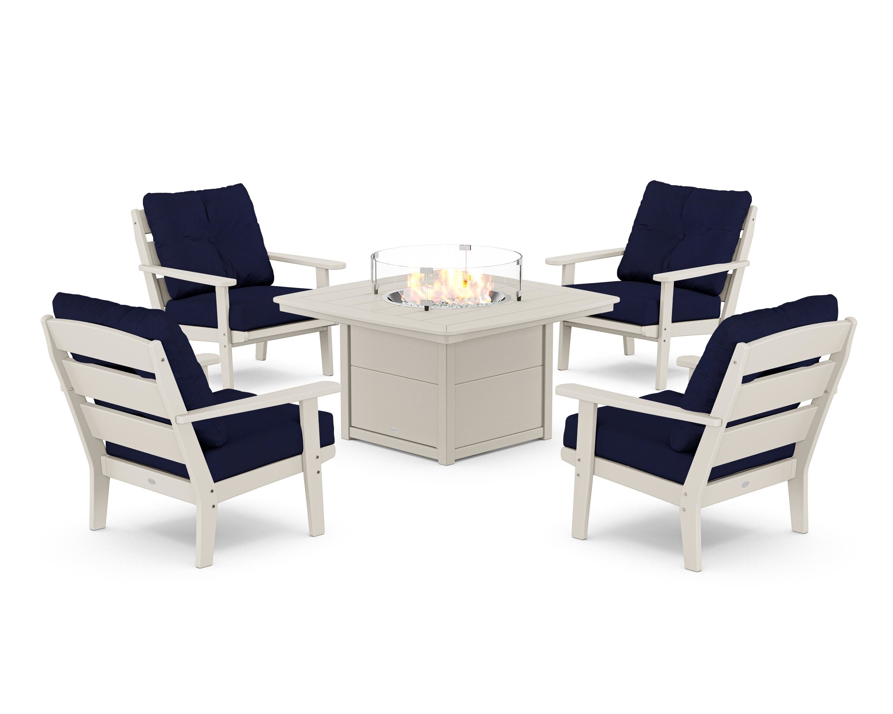 Lakeside 5-Piece Deep Seating Set with Nautical Fire Pit Table in Sand / Navy