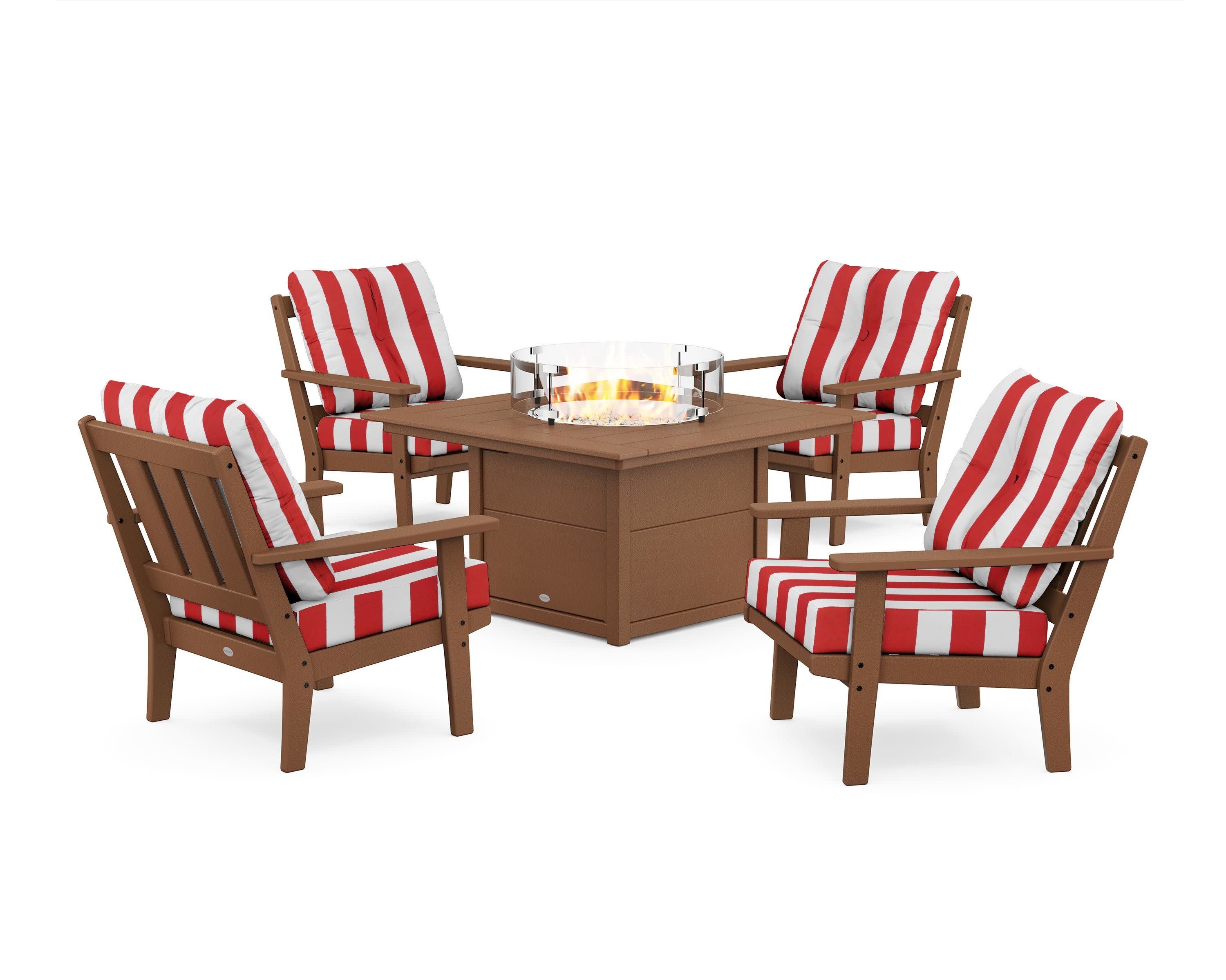 Oxford 5-Piece Deep Seating Set with Fire Pit Table in Teak / Cabana Stripe Crimson