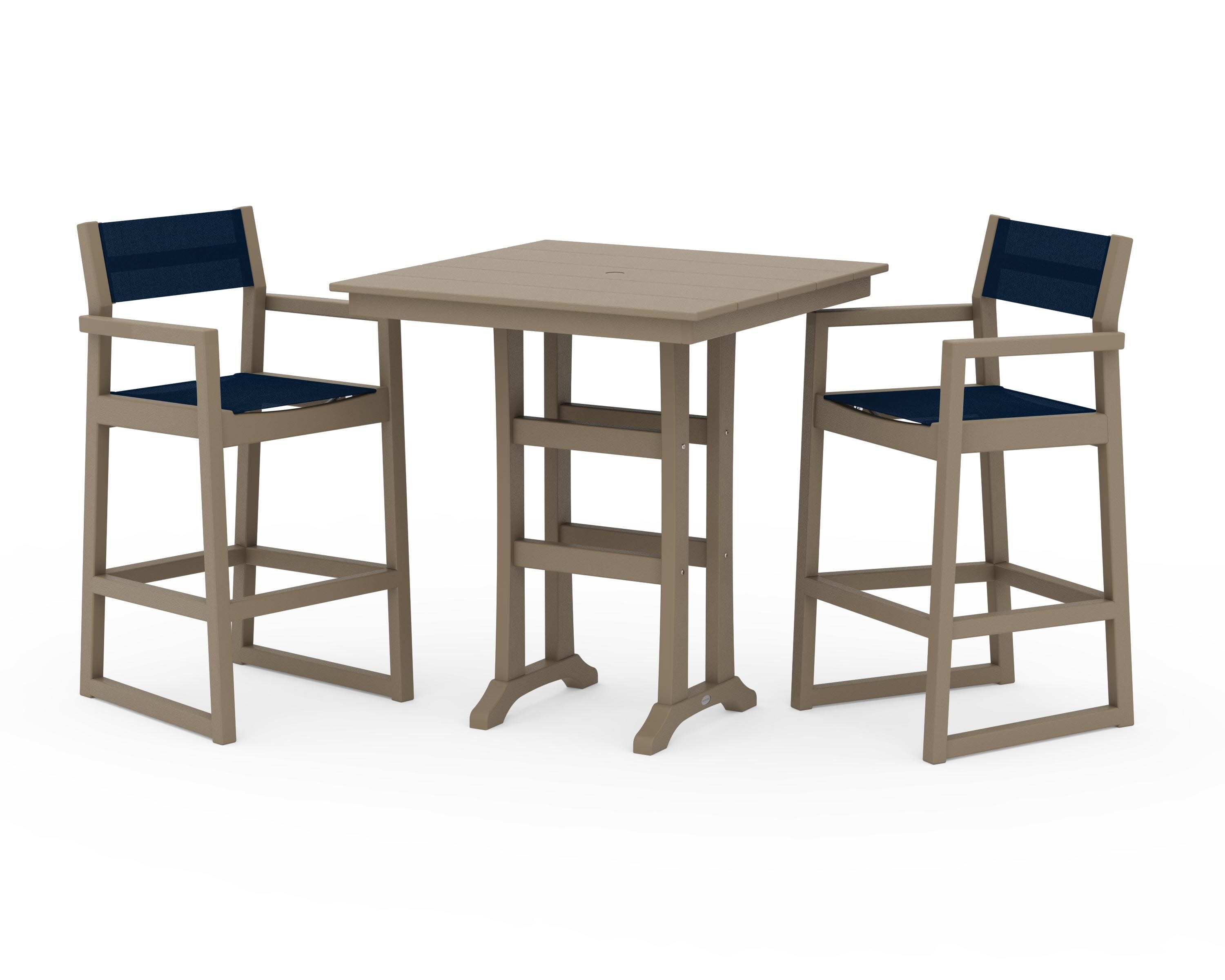 EDGE Sling Arm Chair 3-Piece Farmhouse Bar Set with Trestle Legs in Vintage Sahara / Navy Blue Sling