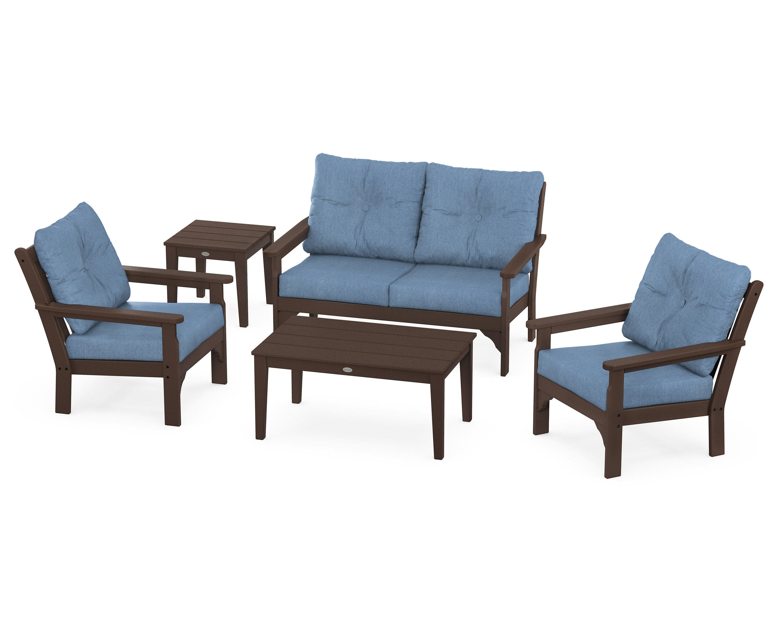 Vineyard 5-Piece Deep Seating Set in Mahogany / Sky Blue